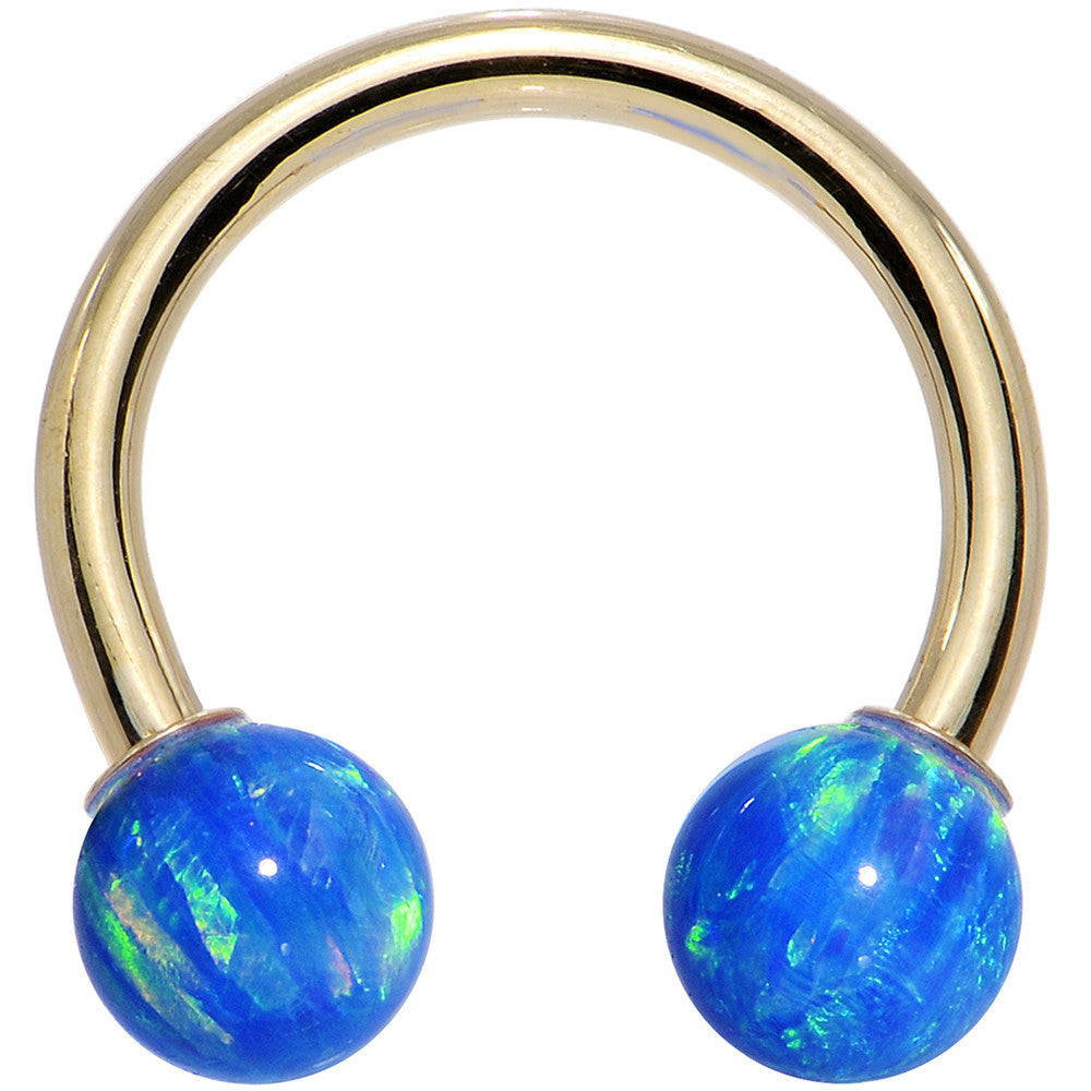 14 Gauge Solid 14KT Yellow Gold Blue Synthetic Opal Horseshoe Barbell