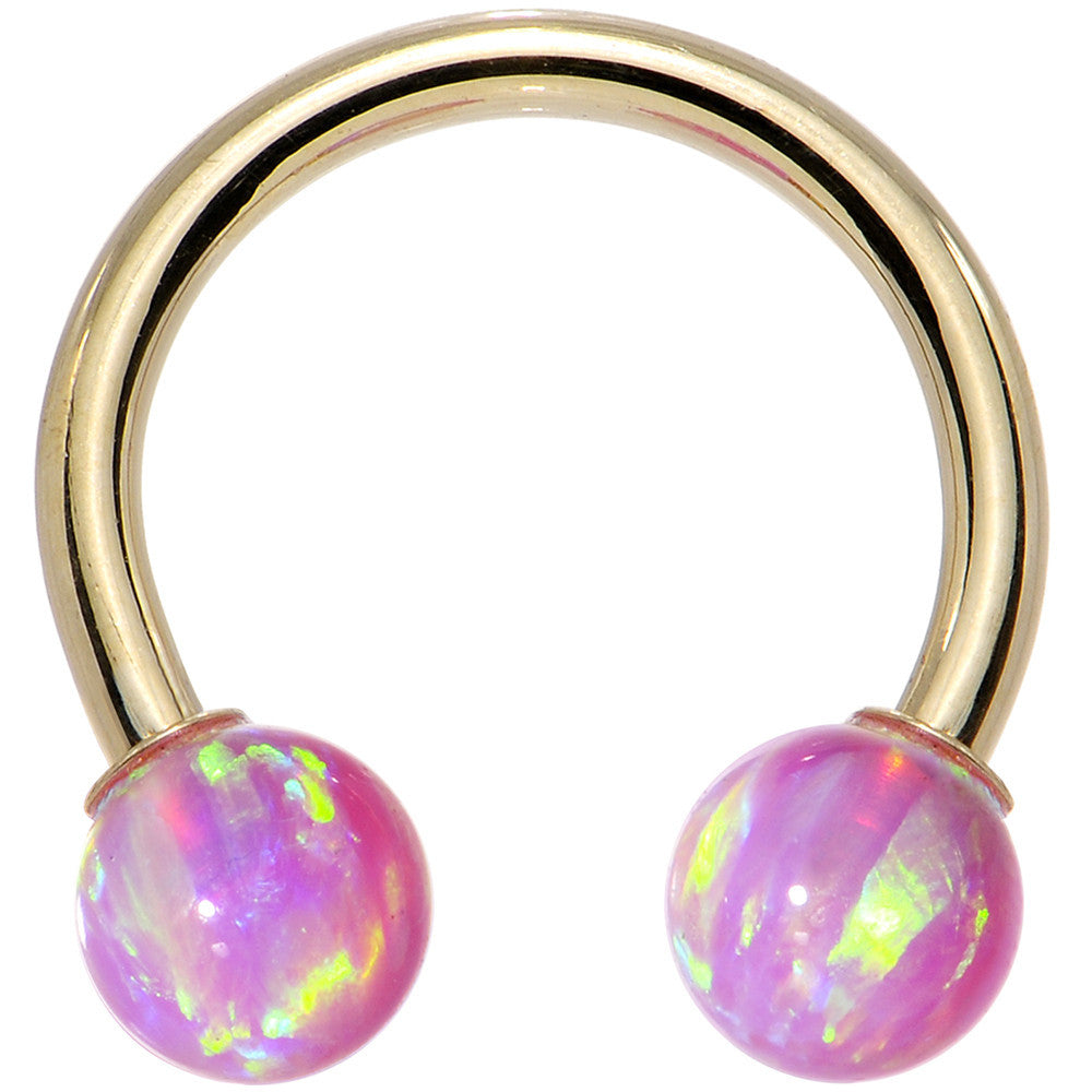 14 Gauge Solid 14KT Yellow Gold Pink Synthetic Opal Horseshoe Barbell