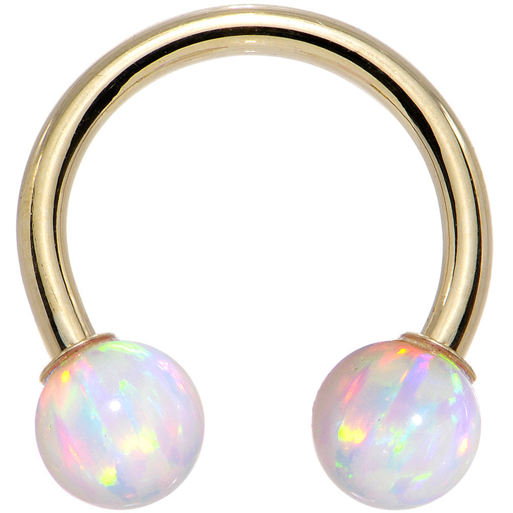 14 Gauge Solid 14KT Yellow Gold White Synthetic Opal Horseshoe Barbell