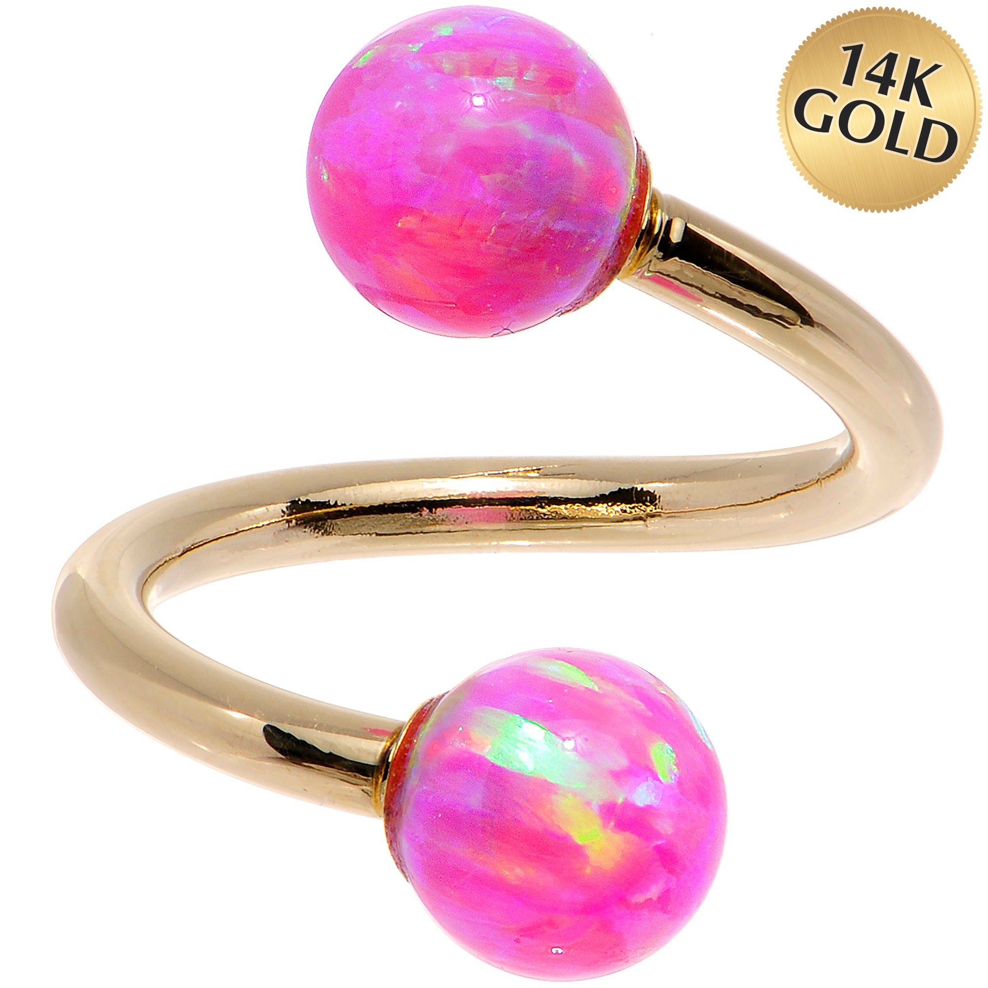 14kt Yellow Gold Fuchsia Synthetic Opal Spiral Twister 14 Gauge 7/16