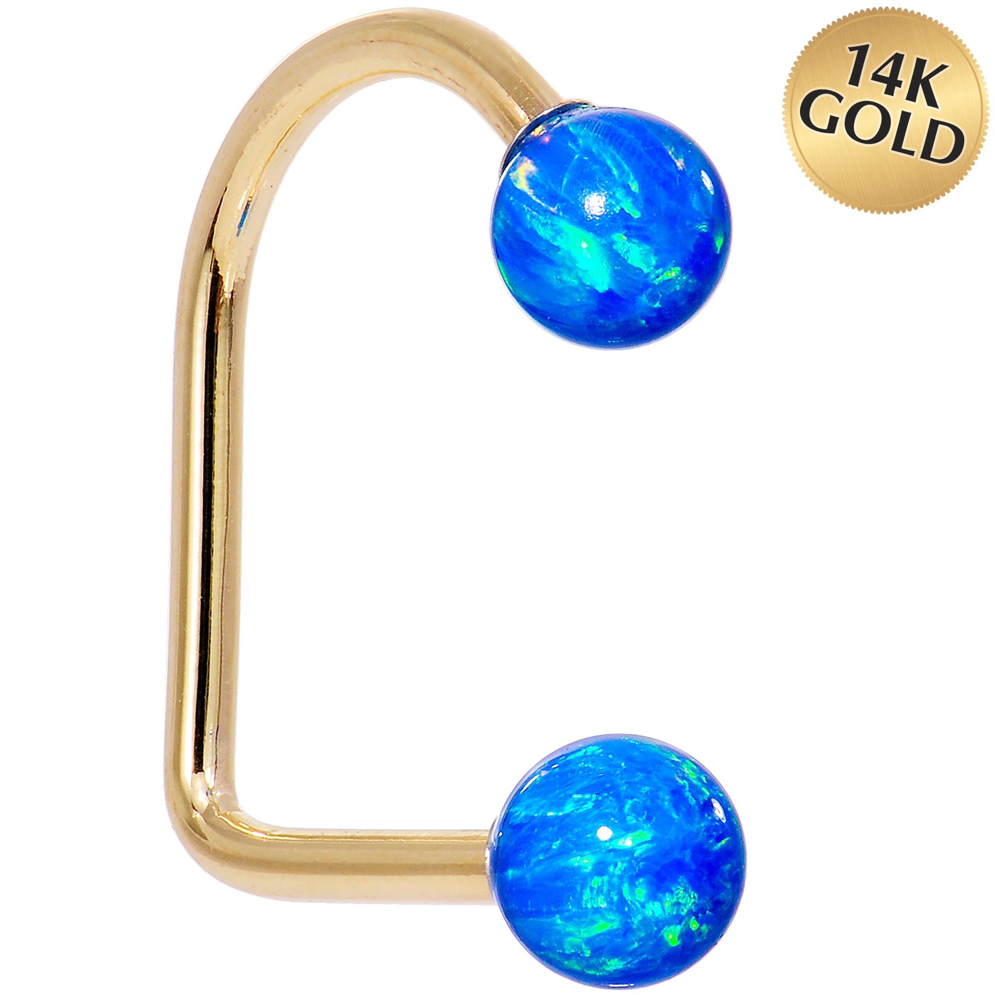 14kt Yellow Gold Blue 5mm Synthetic Opal Lippy Loop 14 Gauge 3/8