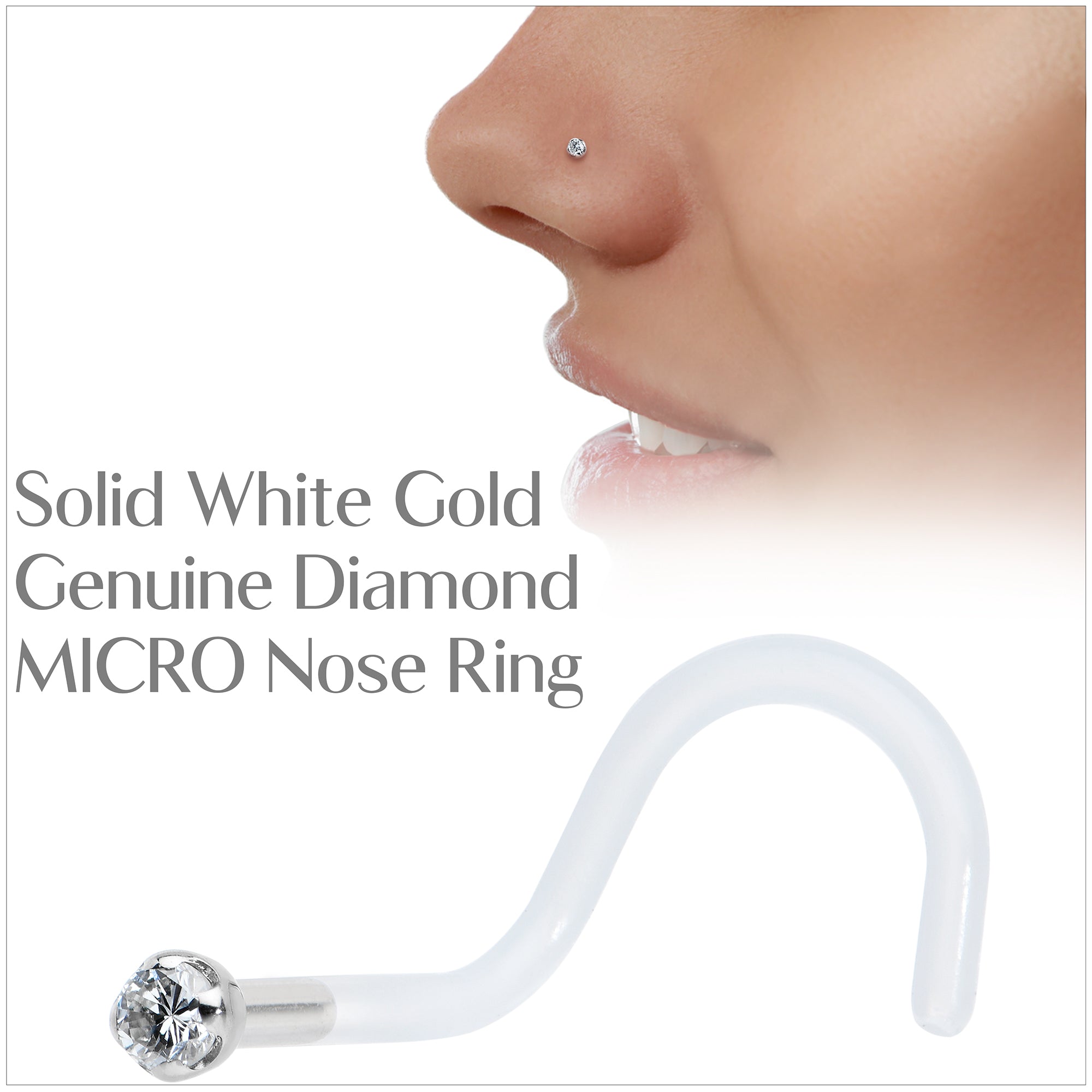 18 Gauge 14KT White Gold 1.5mm Genuine Diamond Bioplast Micro Nose Ring