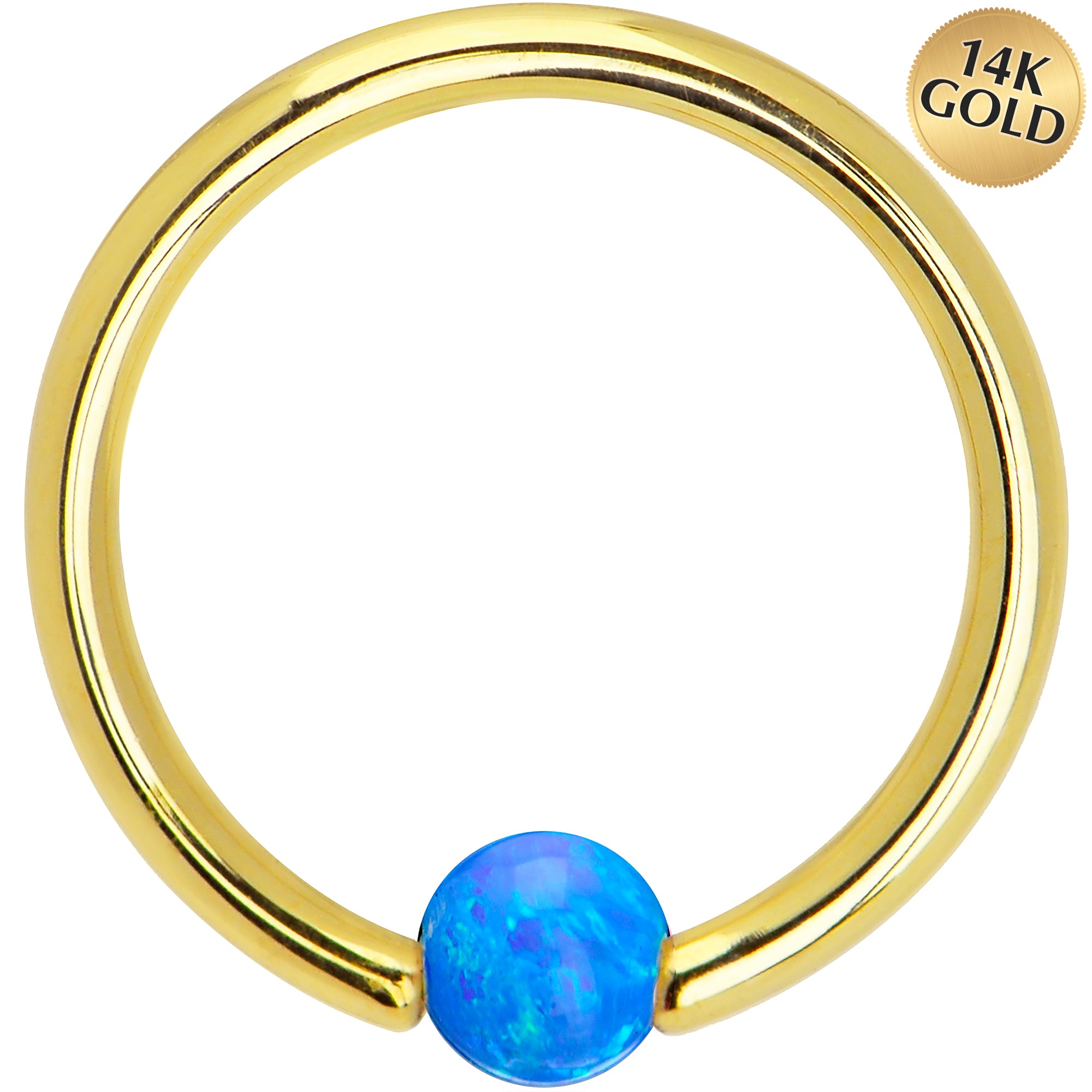 14 Gauge 3/8 Solid 14KT Gold Blue Synthetic Opal Captive Ring