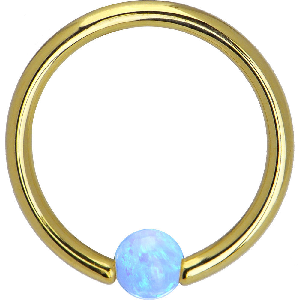 14 Gauge 3/8 Solid 14KT Gold Light Blue Synthetic Opal Captive Ring