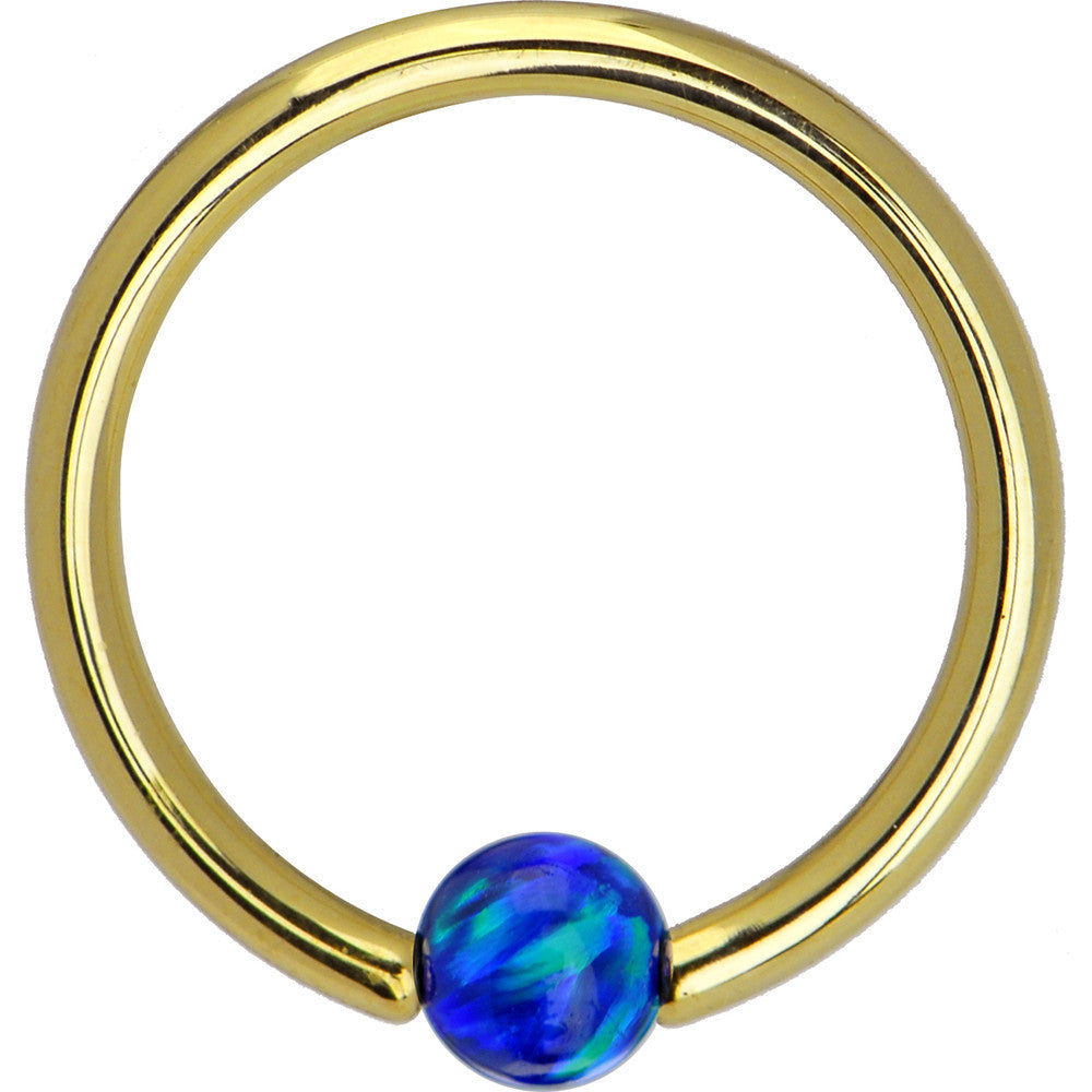 14 Gauge 3/8 Solid 14KT Gold Dark Blue Synthetic Opal Captive Ring