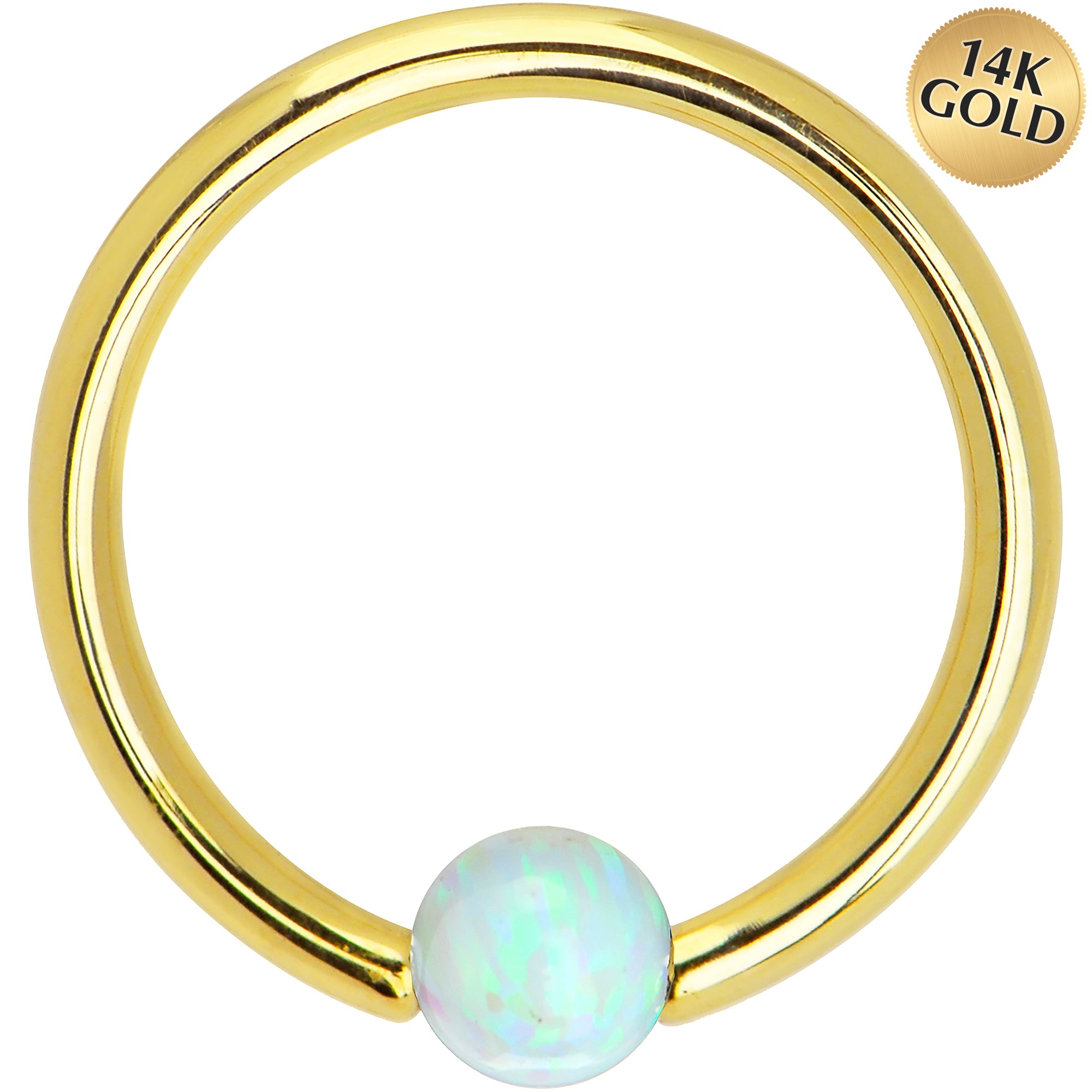 14 Gauge 3/8 Solid 14KT Yellow Gold White Synthetic Opal Captive Ring