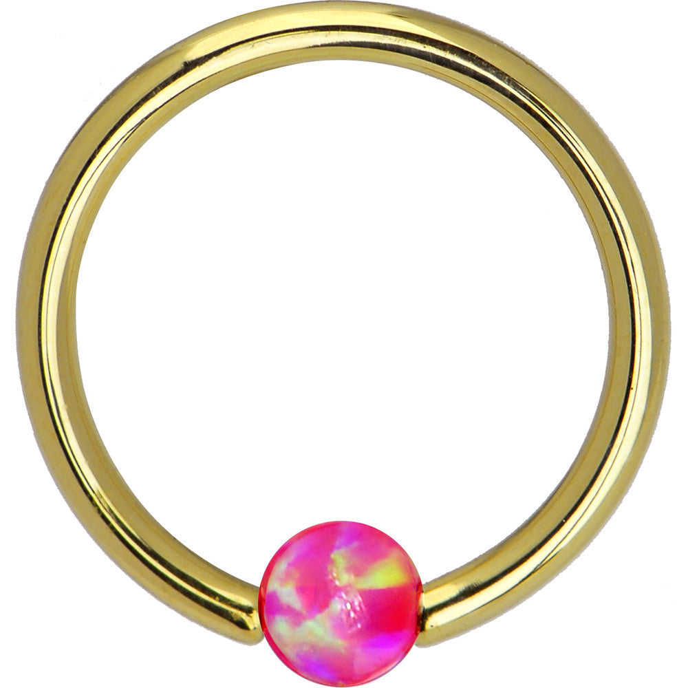 14 Gauge 3/8 Solid 14KT Yellow Gold Pink Synthetic Opal Captive Ring