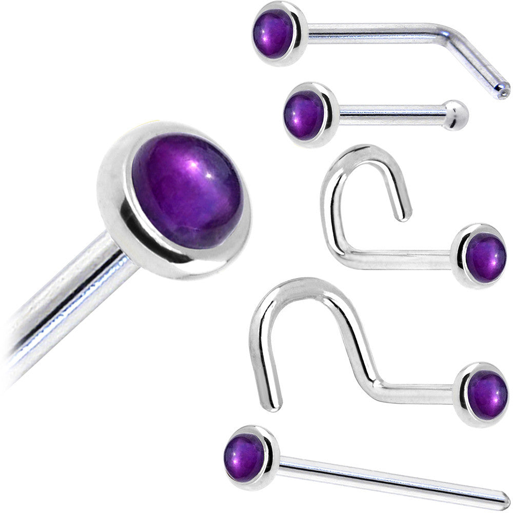 Solid 14KT White Gold Genuine Amethyst Nose Ring L-Shape 18 Gauge