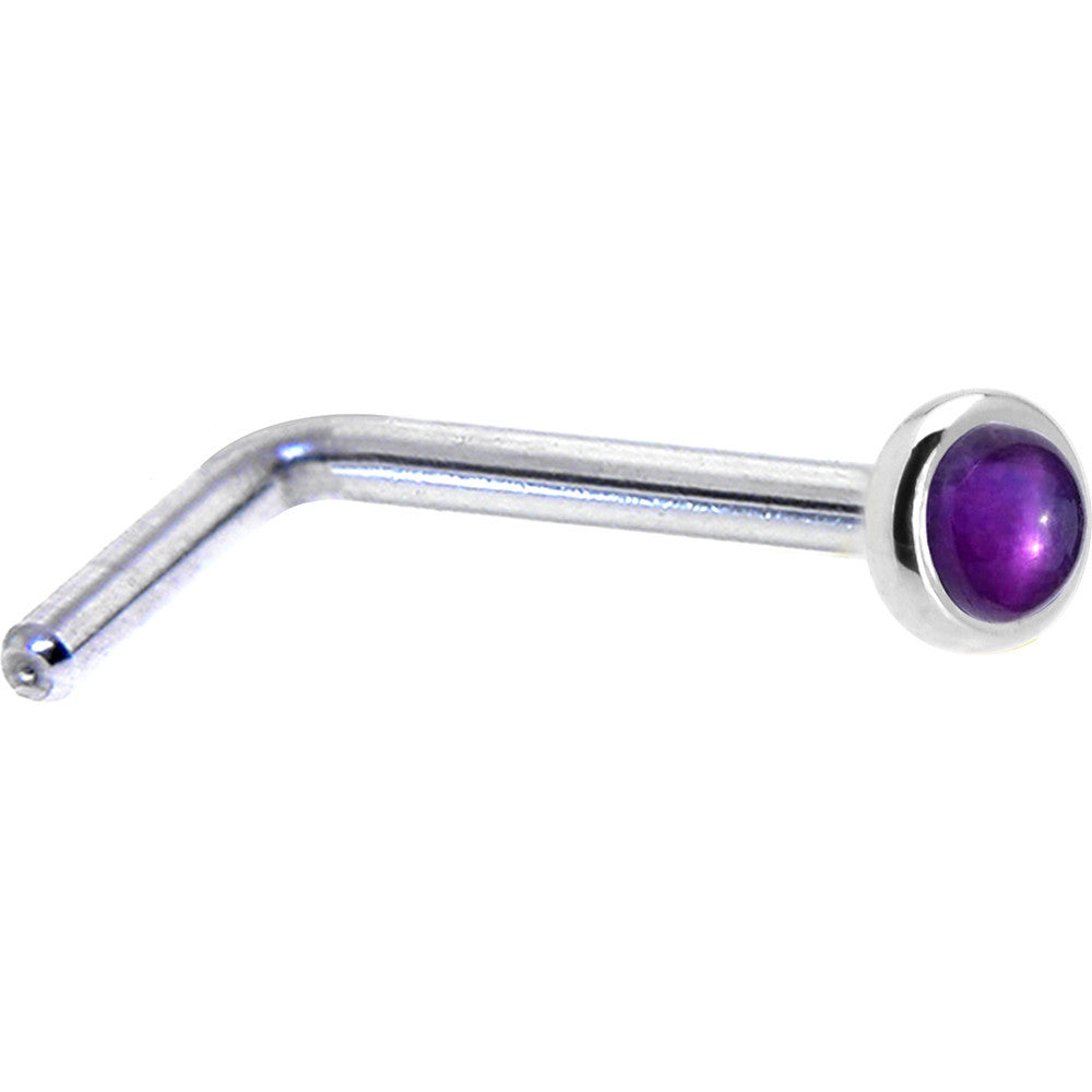 14KT White Gold February Birthstone Amethyst Nose Ring L-Shape 20 Gauge