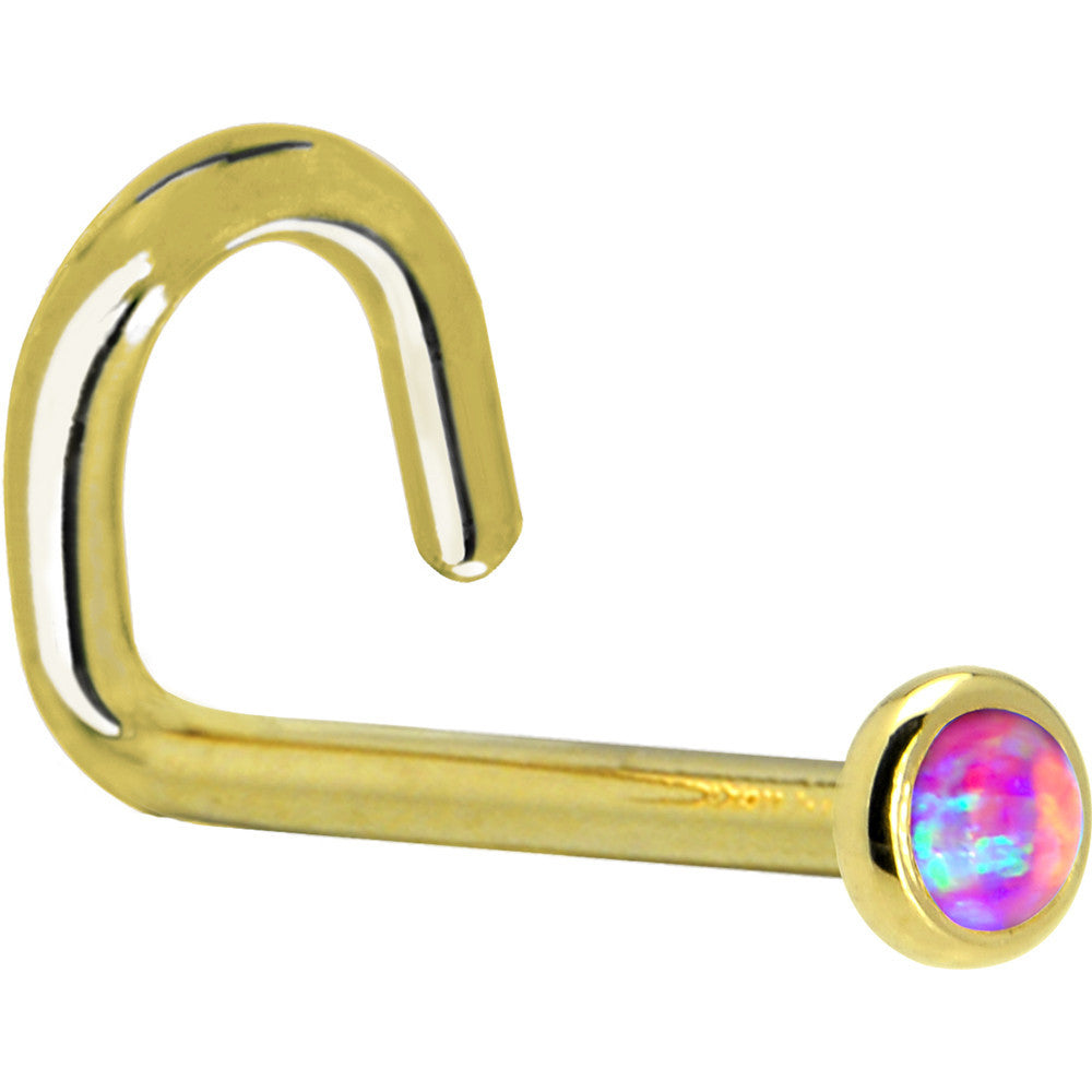 Solid 14KT Yellow Gold 2mm Fuchsia Synthetic Opal Nose Ring