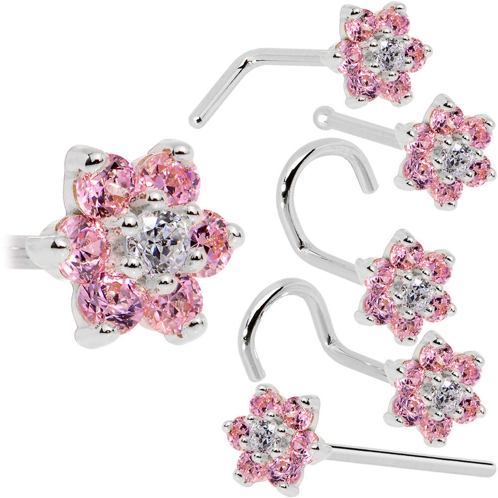 14KT White Gold Pink Clear CZ Flower Nose Ring 18 Gauge 20 Gauge