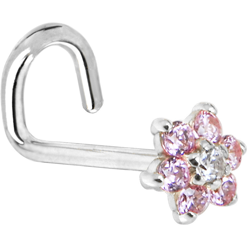 14KT White Gold Pink Clear Cubic Zirconia Flower Nose Bone Ring