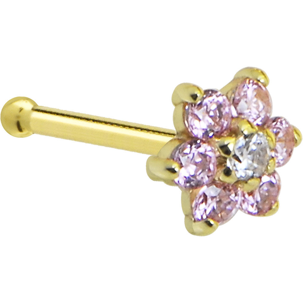 Solid 14KT Yellow Gold Pink and Clear Cubic Zirconia Flower Nose Ring