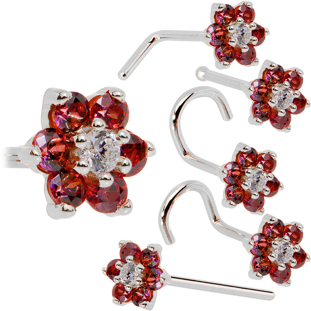 Solid 14KT White Gold Red and Clear Cubic Zirconia Flower Nose Ring