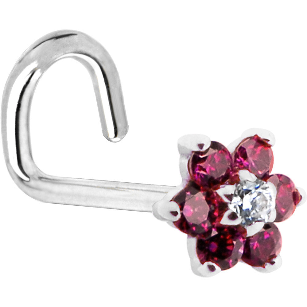 Solid 14KT White Gold Red and Clear Cubic Zirconia Flower Nose Ring