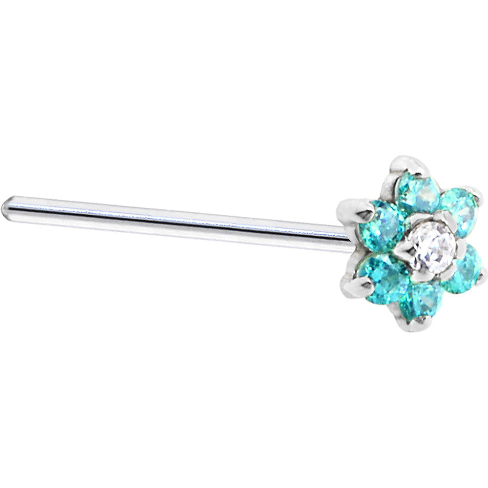 Solid 14KT White Gold Mint Green and Clear Cubic Zirconia Flower Nose Ring
