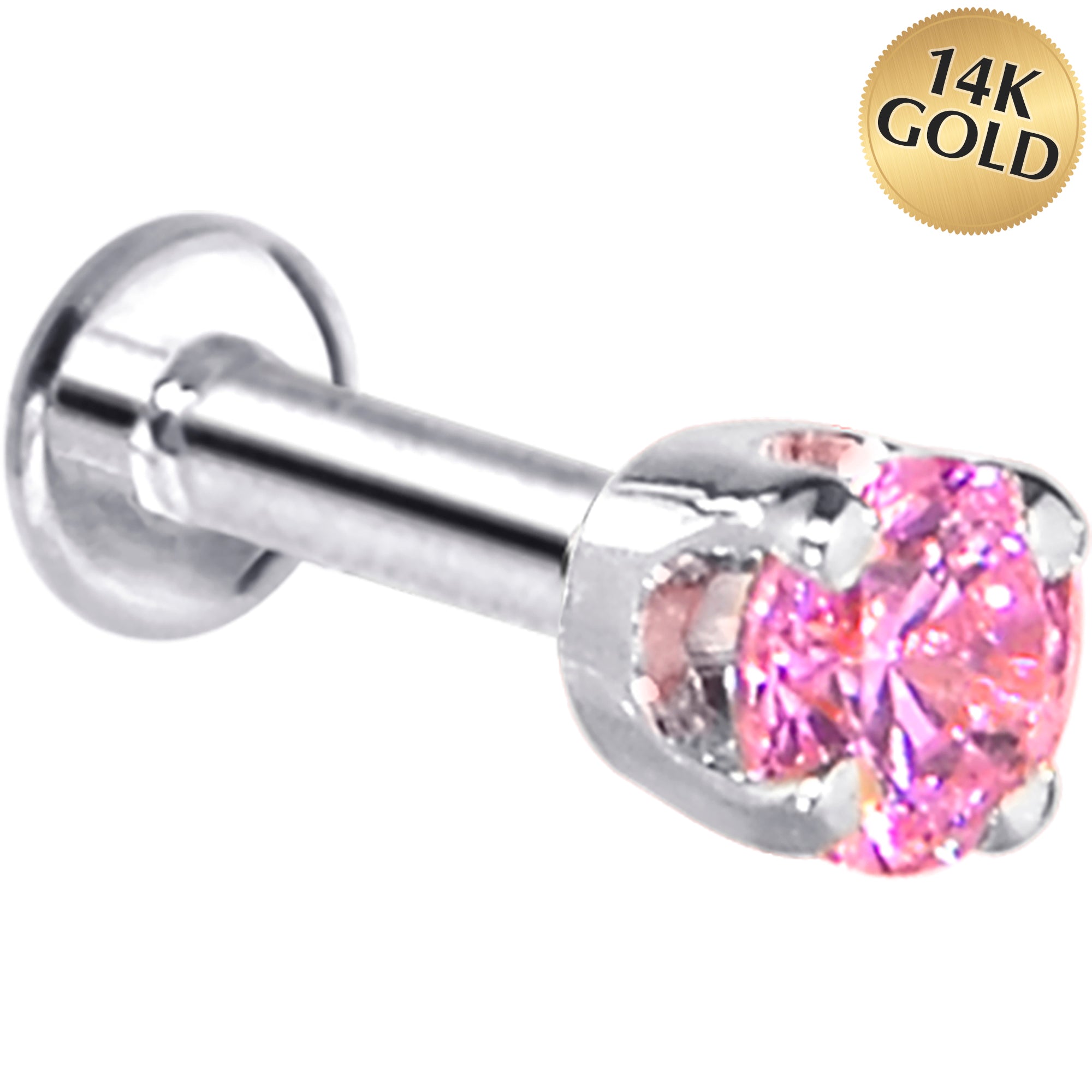 16G Solid 14K White Gold 3mm Pink Cubic Zirconia Tragus Earring Stud