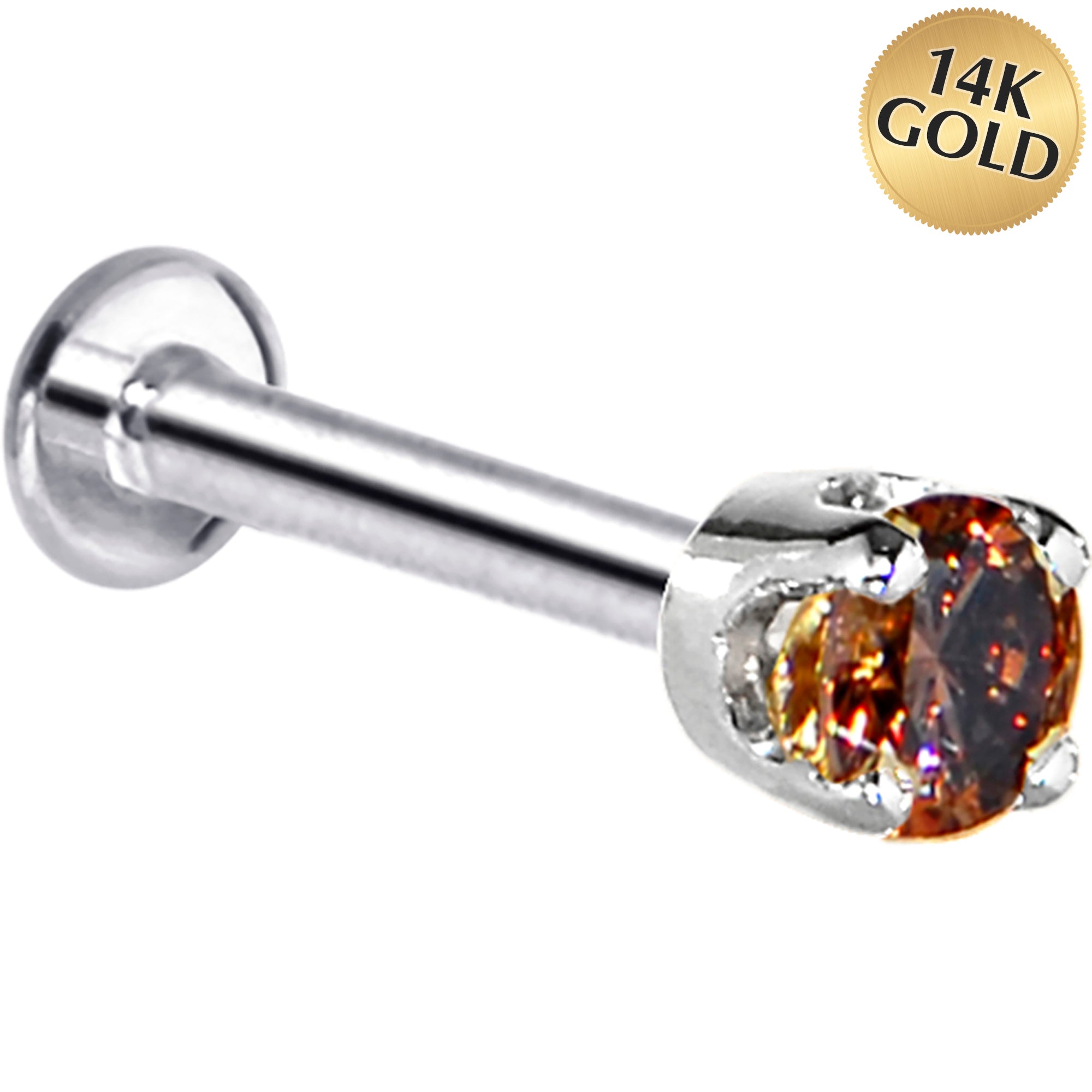 16 Gauge Solid 14KT White Gold 3mm Brown Cubic Zirconia Tragus Earring Stud