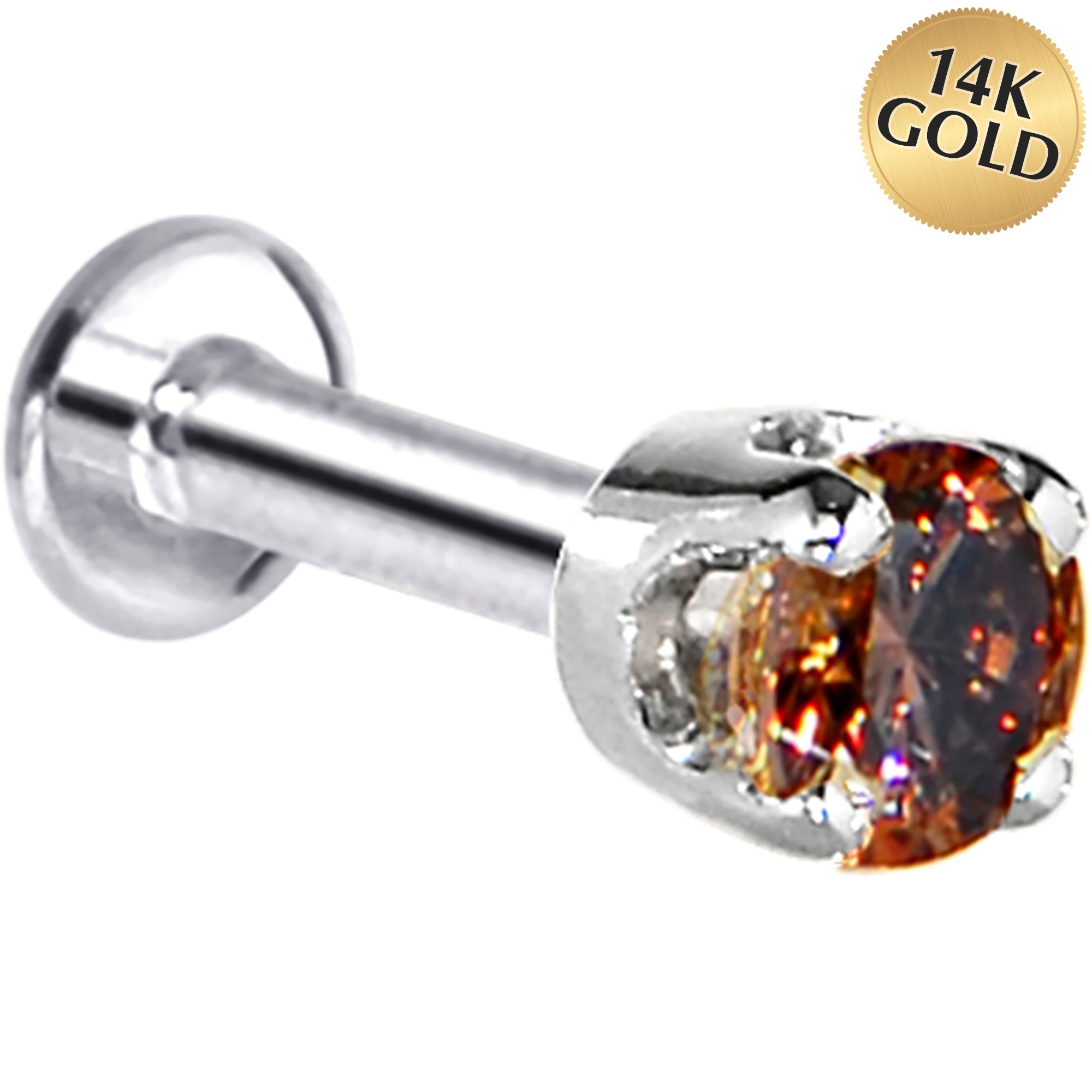 16G Solid 14K White Gold 3mm Brown Cubic Zirconia Tragus Earring Stud