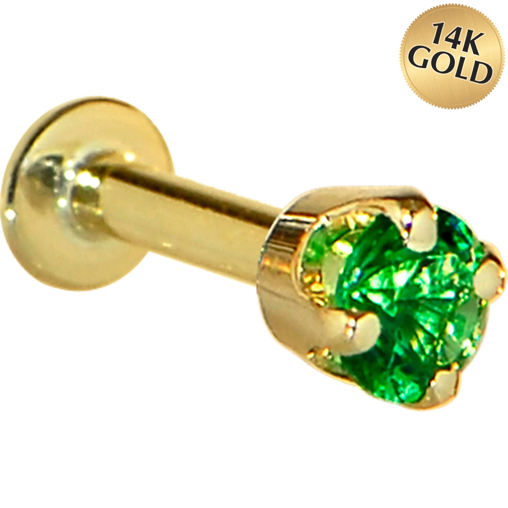 16 Gauge Solid 14KT Yellow Gold 3mm Green Cubic Zirconia Tragus Earring Stud