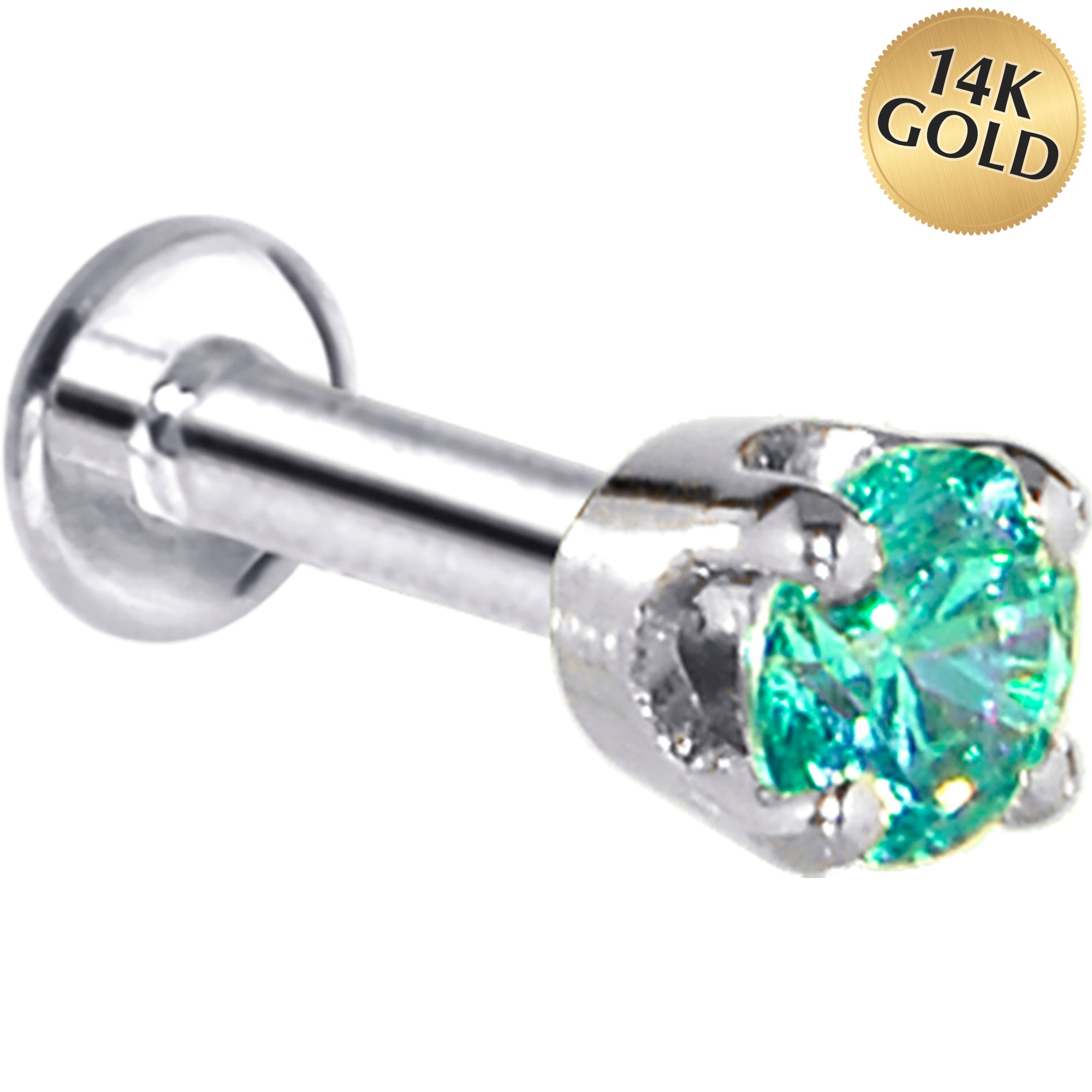 16 Gauge Solid 14KT White Gold 3mm Mint Green Cubic Zirconia Tragus Earring Stud