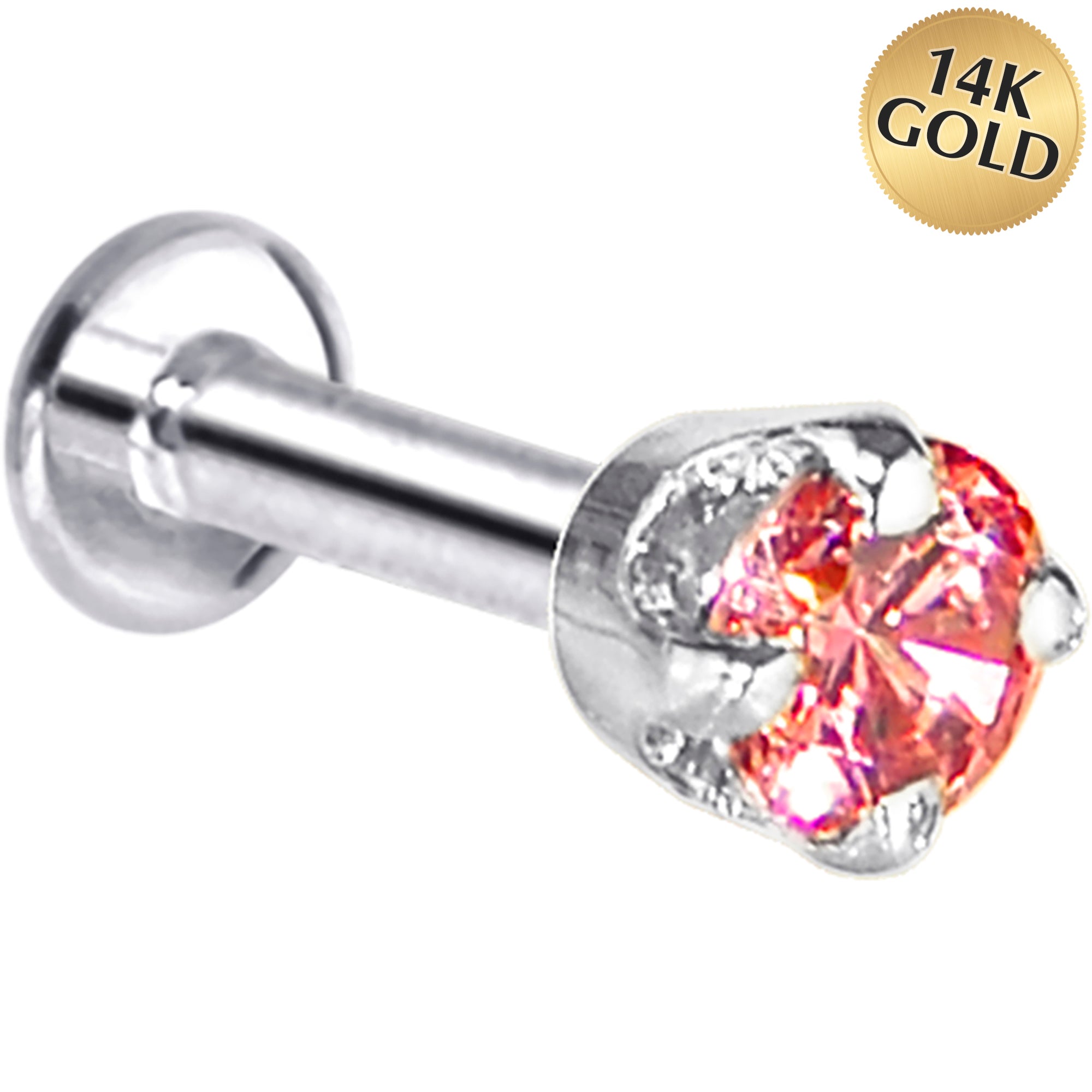 16 Gauge Solid 14KT White Gold 3mm Salmon Cubic Zirconia Tragus Earring Stud