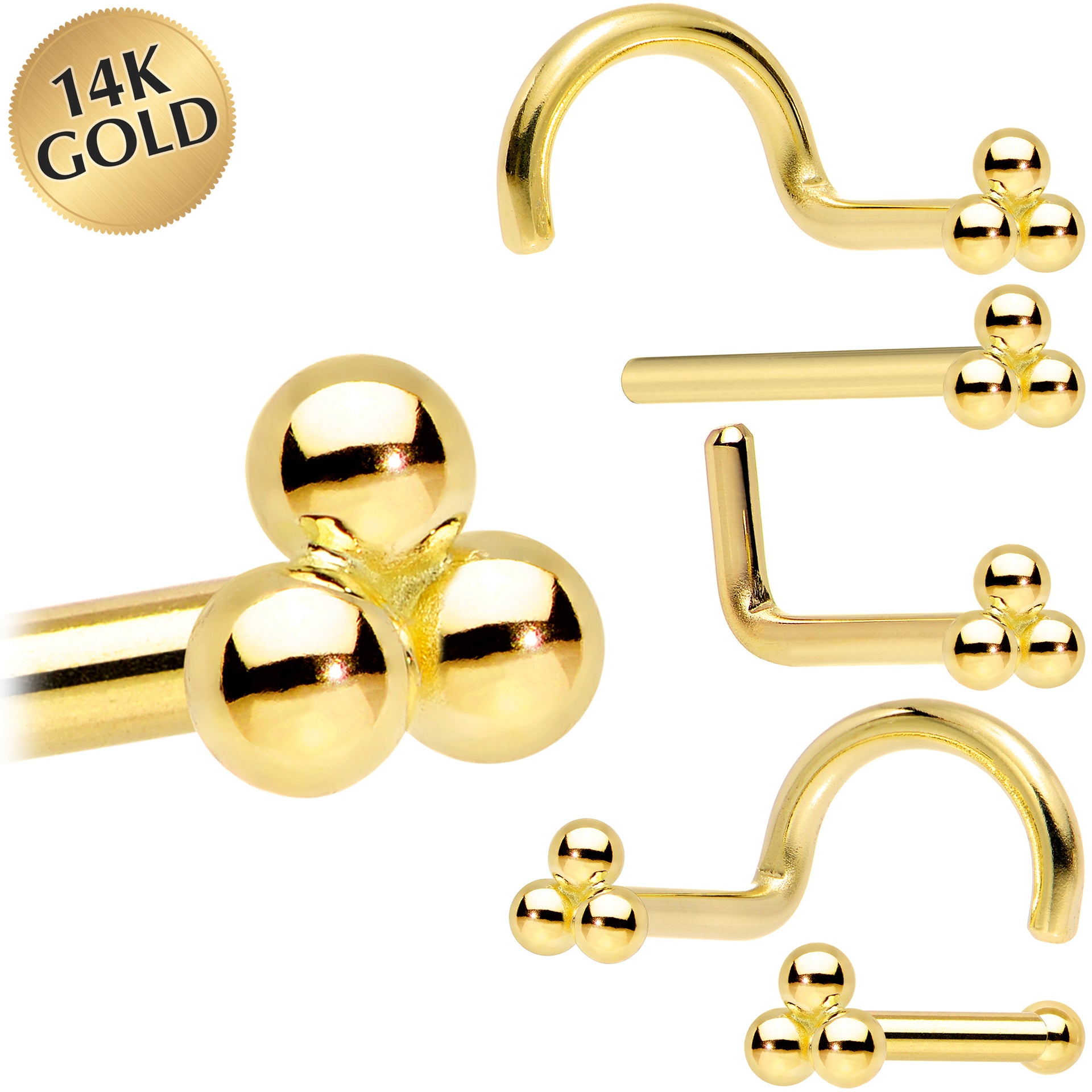 14k Yellow Gold 3mm Trinity Nose Ring 18 Gauge Nose Bone
