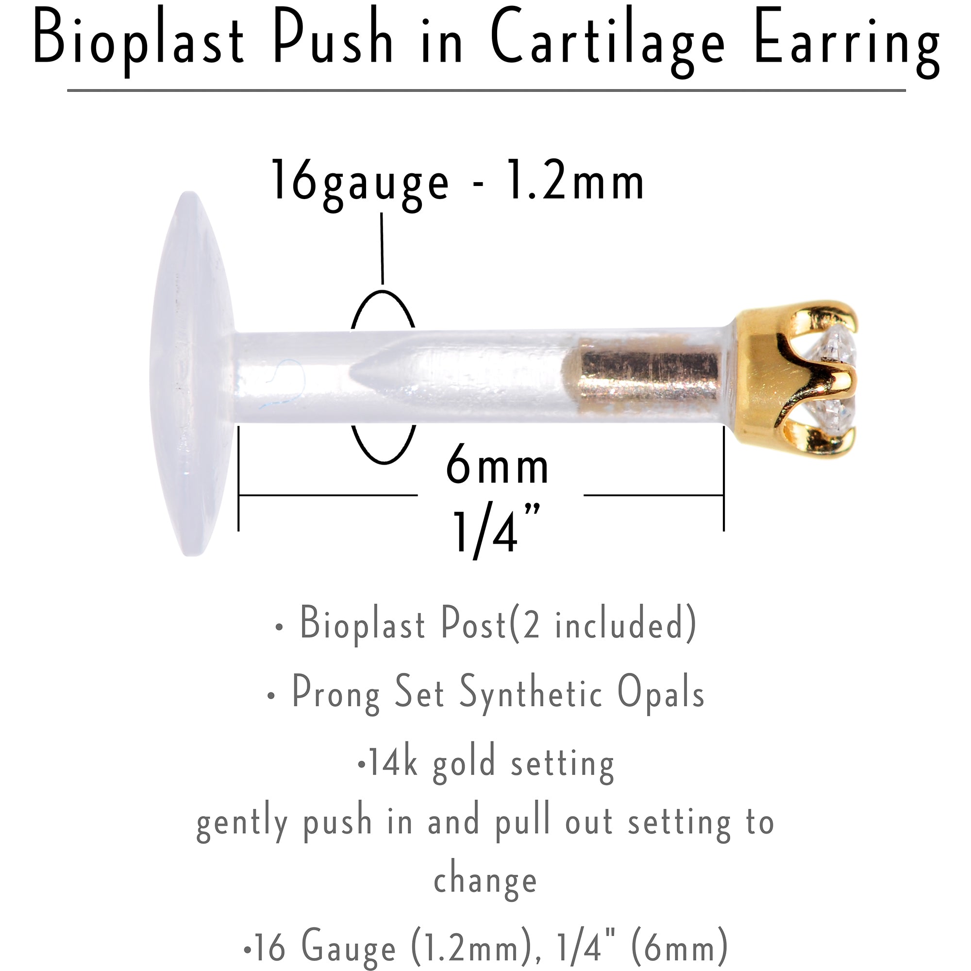 16 Gauge 1/4 Solid 14KT Yellow Gold 1.5mm CZ Bioplast Push in Cartilage Earring