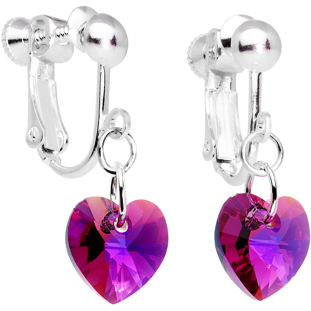 Fuchsia Heart Clip Earrings Created with Crystals