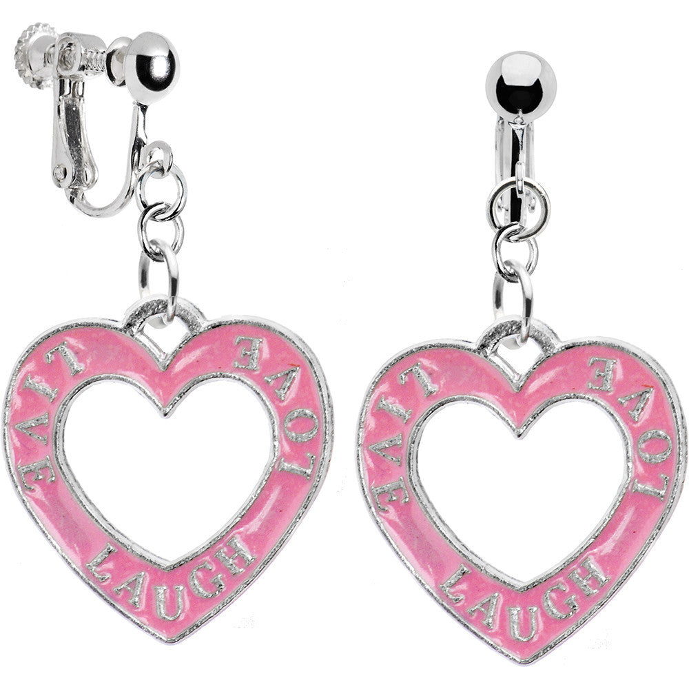 Silver Tone Pink Live Laugh Love Clip Earrings
