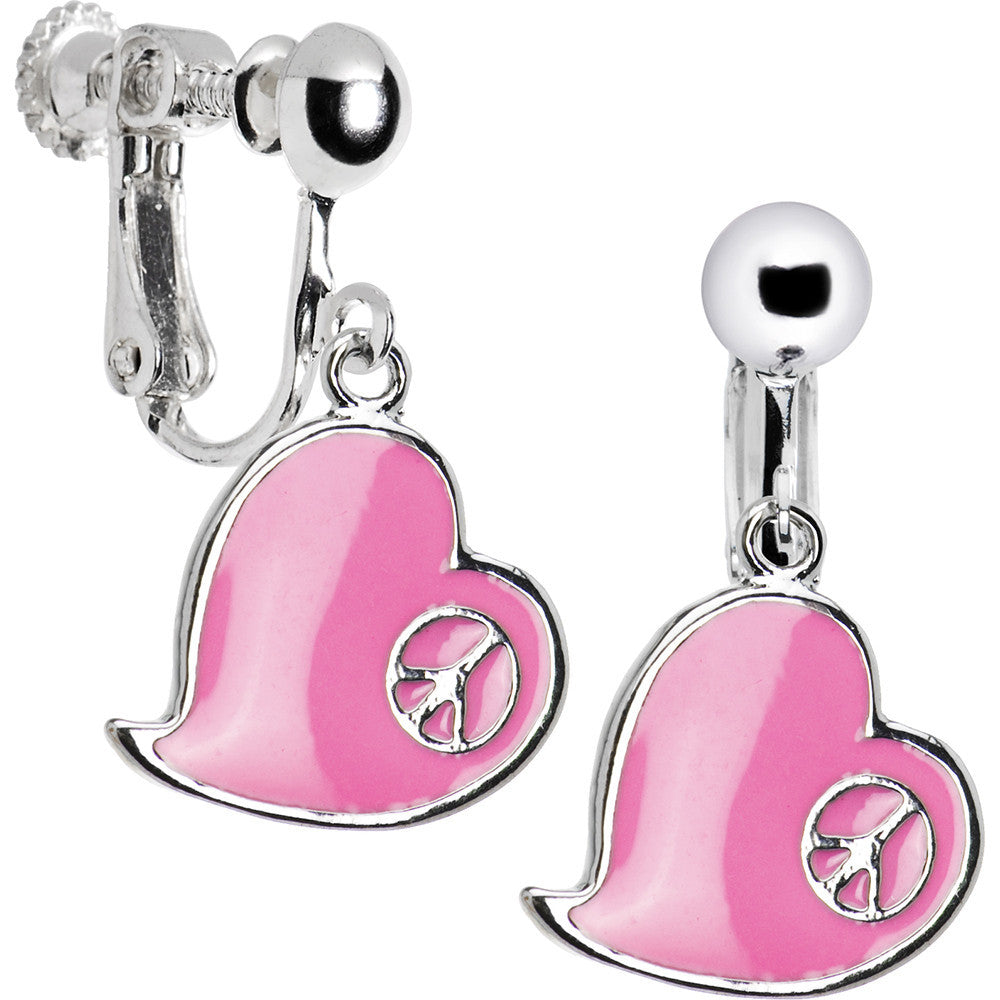 Pink Heart Peace Sign Clip Earrings
