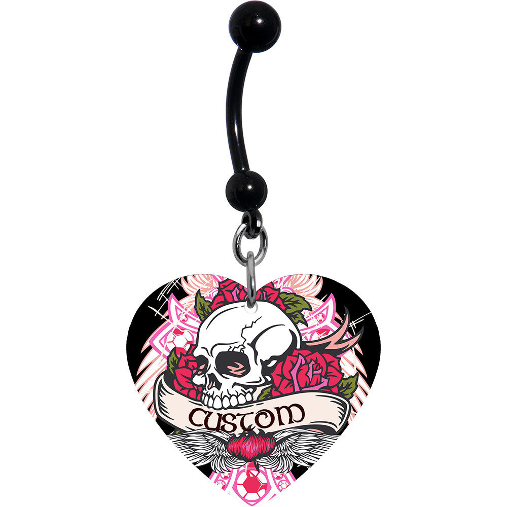 Custom Pink Heart Rose Flower Skull Personalized Name Dangle Belly Ring