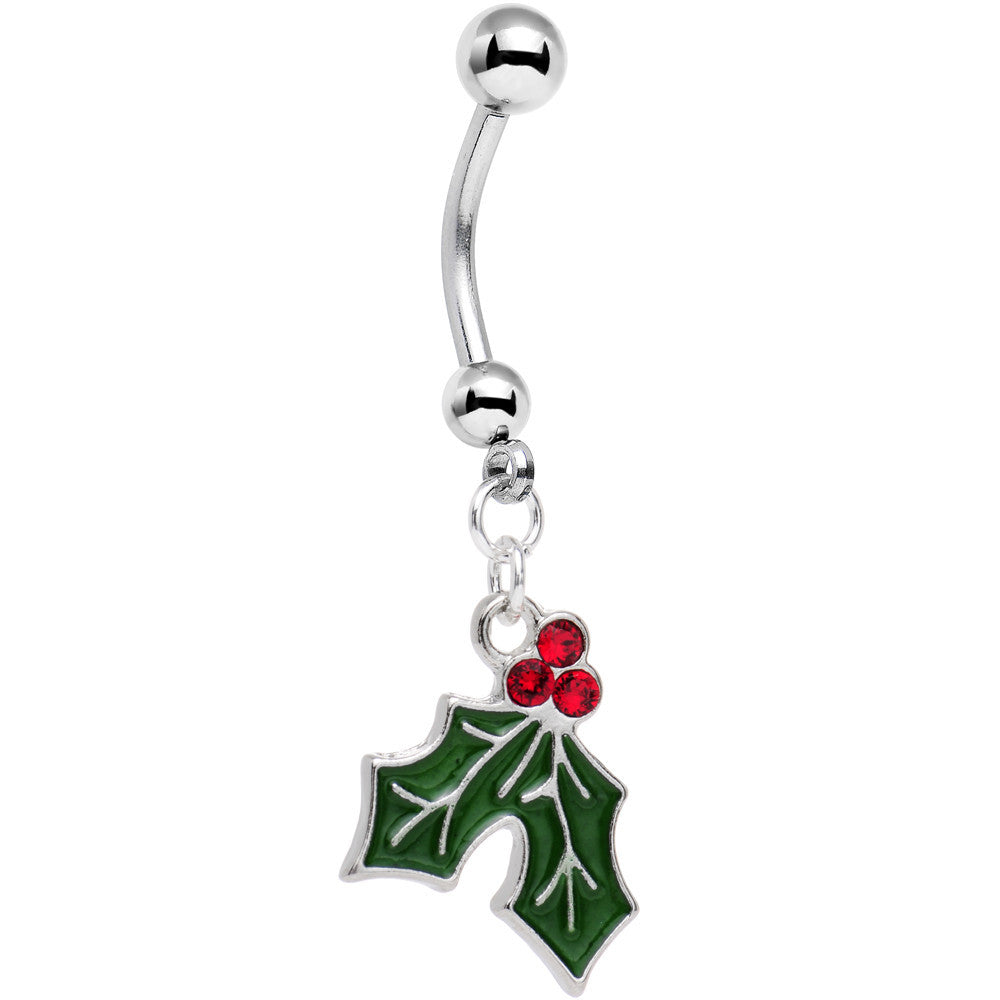 Holiday Mistletoe Dangle Belly Ring Created with Crystals