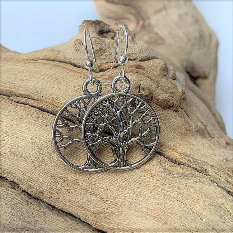 Silver Tone Tree of Life Dangle Earrings