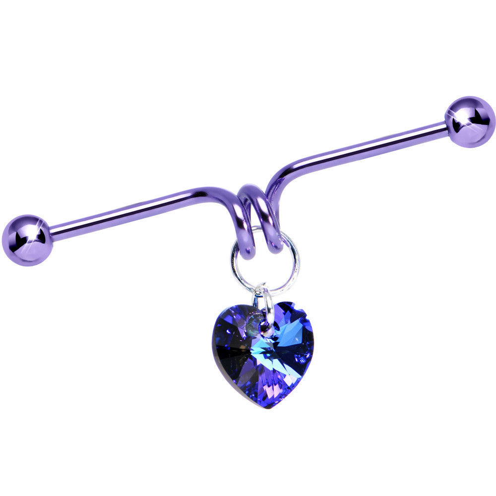Purple Heart Dangle Industrial Barbell Made with Crystals 40mm