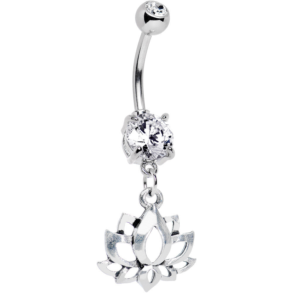 Clear Cubic Zirconia Heart of the Lotus Flower Dangle Belly Ring
