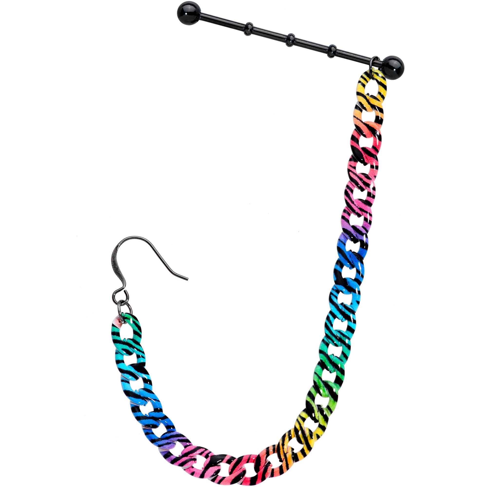 Handcrafted Rainbow Zebra Stripe Industrial Barbell Chain Earring 38mm