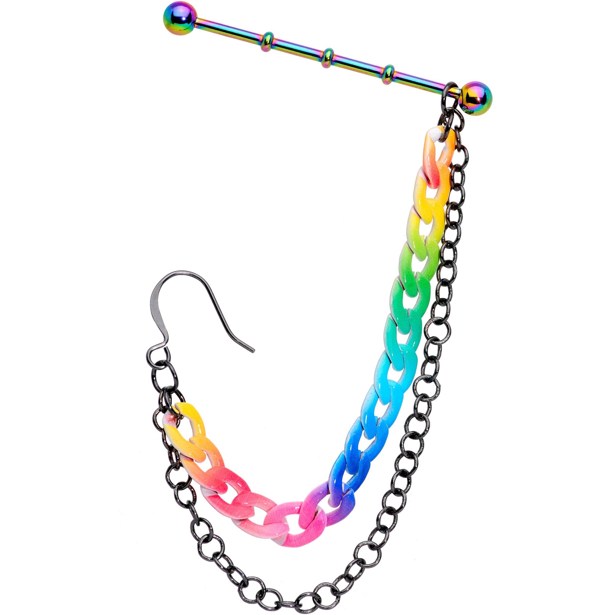 Rainbow Anodized Double Chain Industrial Barbell Chain Earring 38mm