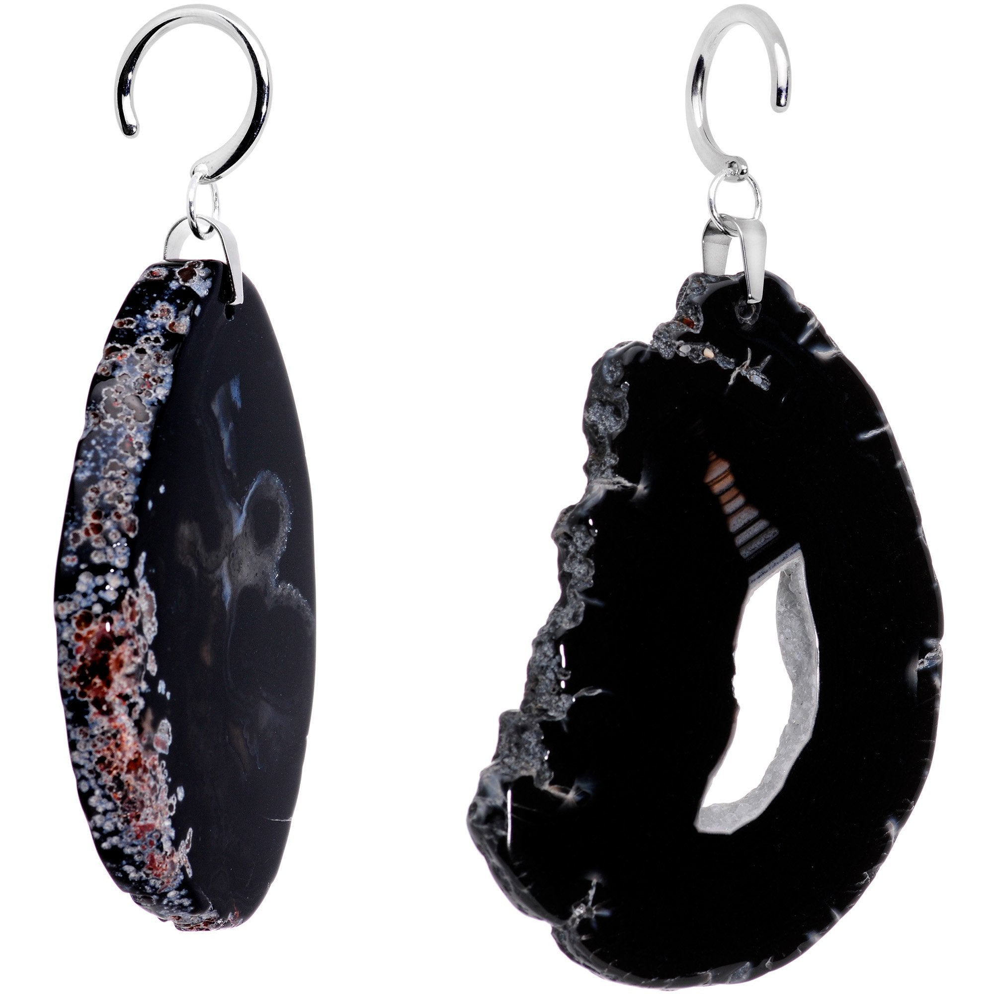 Handcrafted Steel Midnight Shadow Gap Natural Black Agate Ear Weights
