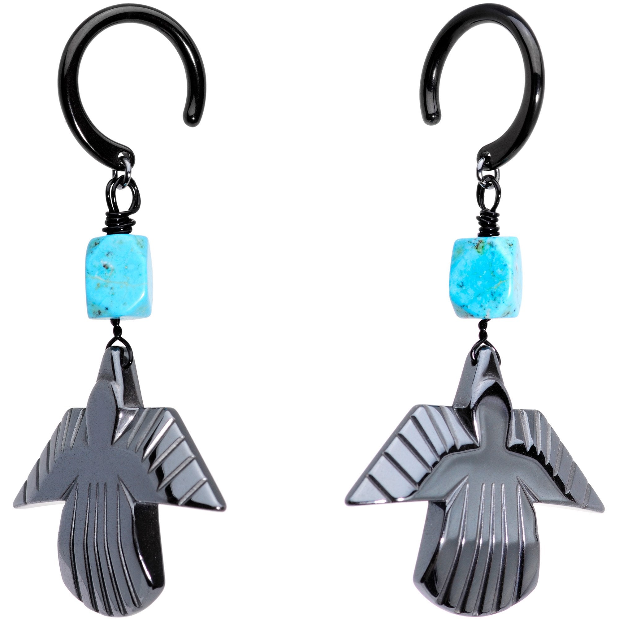 Handcrafted Black Plated Natural Turquoise Thunderbird Ear Weights