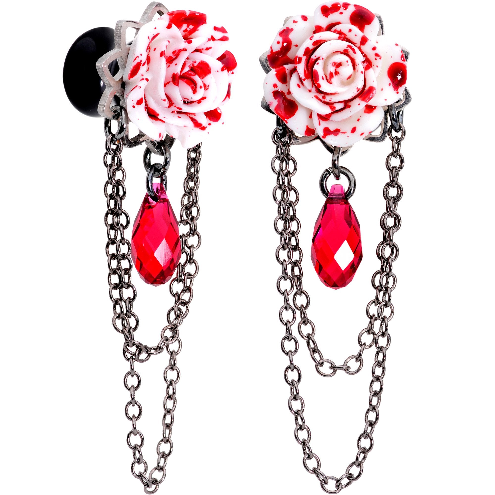 Blood Rose Dangle Plug Set Sizes 8mm to 20mm Created with Crystals