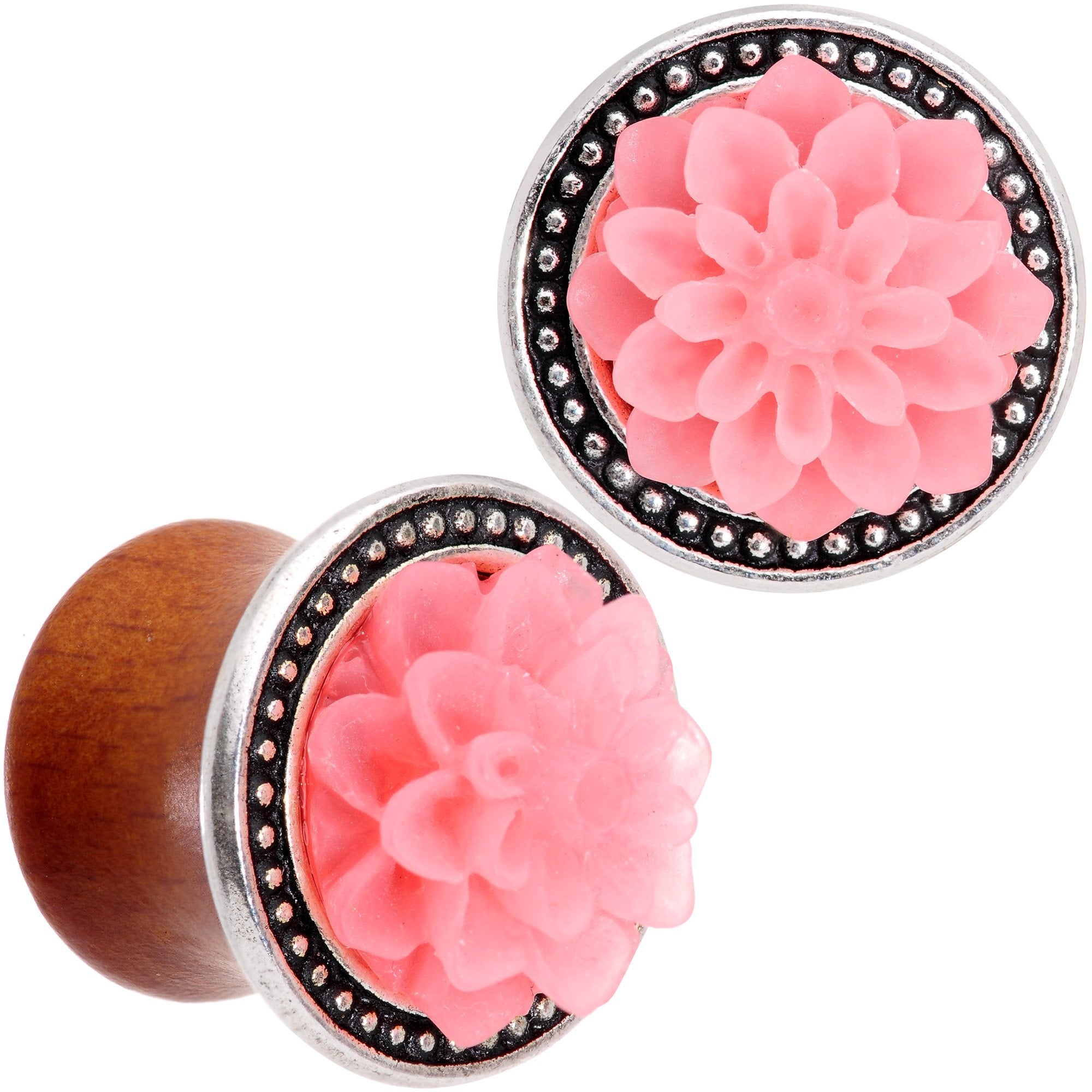 Handcrafted Beechwood Pink Tropical Flower Saddle Plug Set Sizes 14mm to 20mm