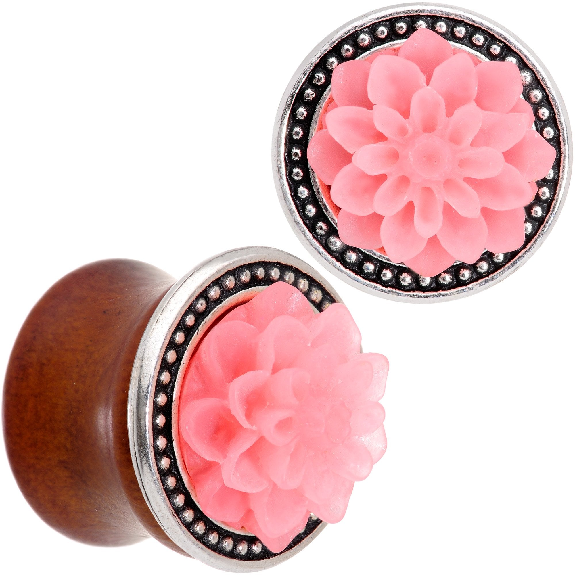Handcrafted Beechwood Pink Tropical Flower Saddle Plug Set Sizes 14mm to 20mm