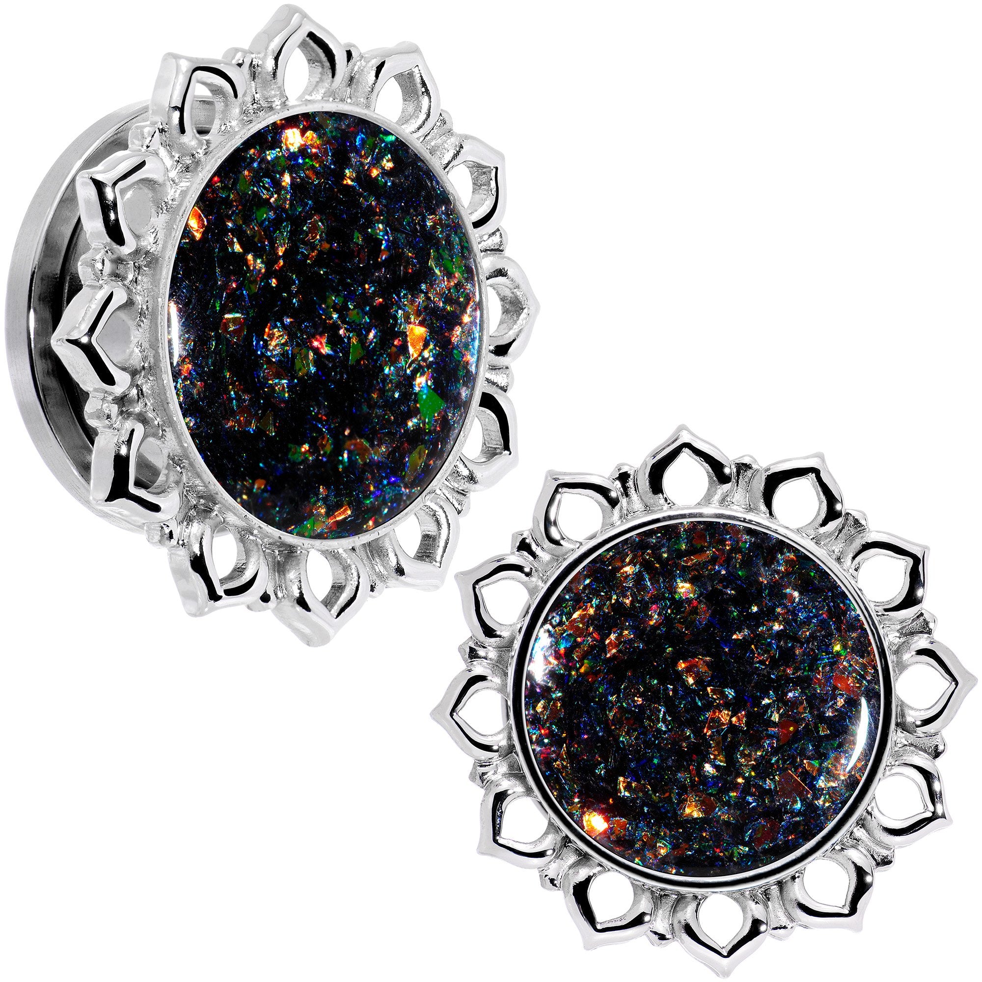 Handcrafted Black Faux Opal Mandala Screw Fit Plug Set Sizes 8mm to 20mm