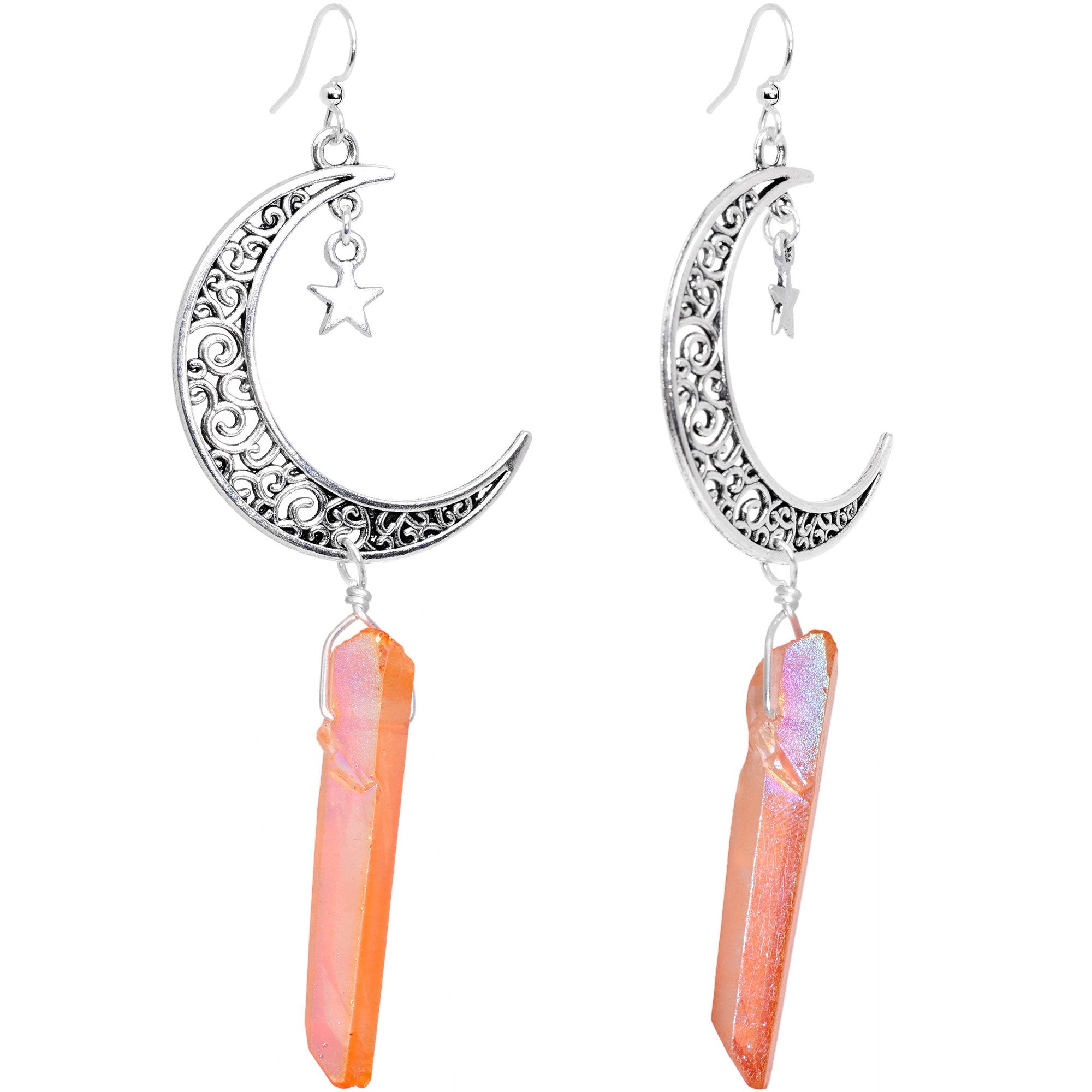 Handcrafted Quartz Cosmic Crescent Moon Fishhook Dangle Earrings