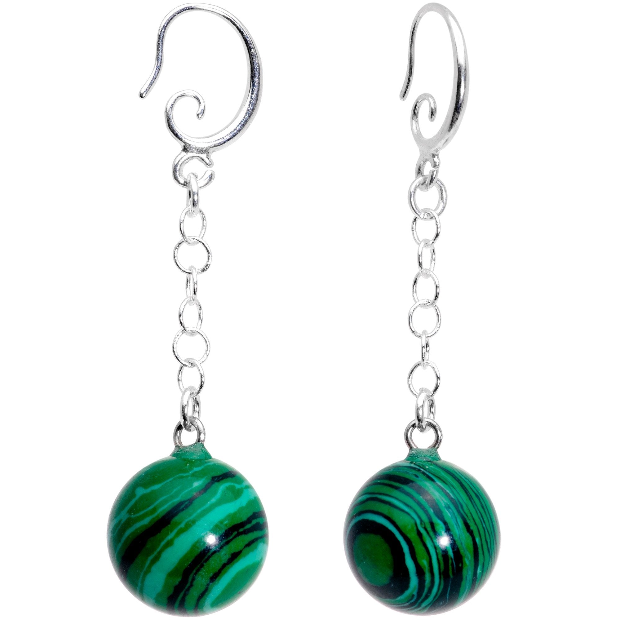 Handcrafted Green Swirl Malachite Jawbreaker Dangle Fishhook Earrings