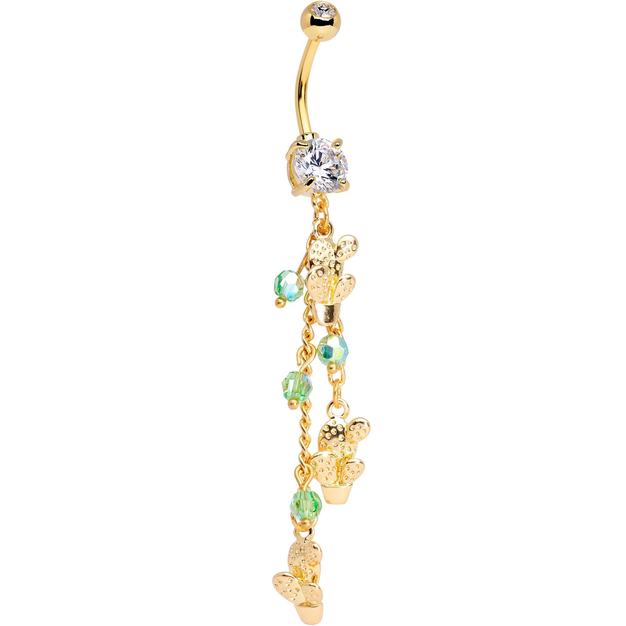 Handcrafted Clear Green Gem Gold Tone Thirsty Cactus Dangle Belly Ring
