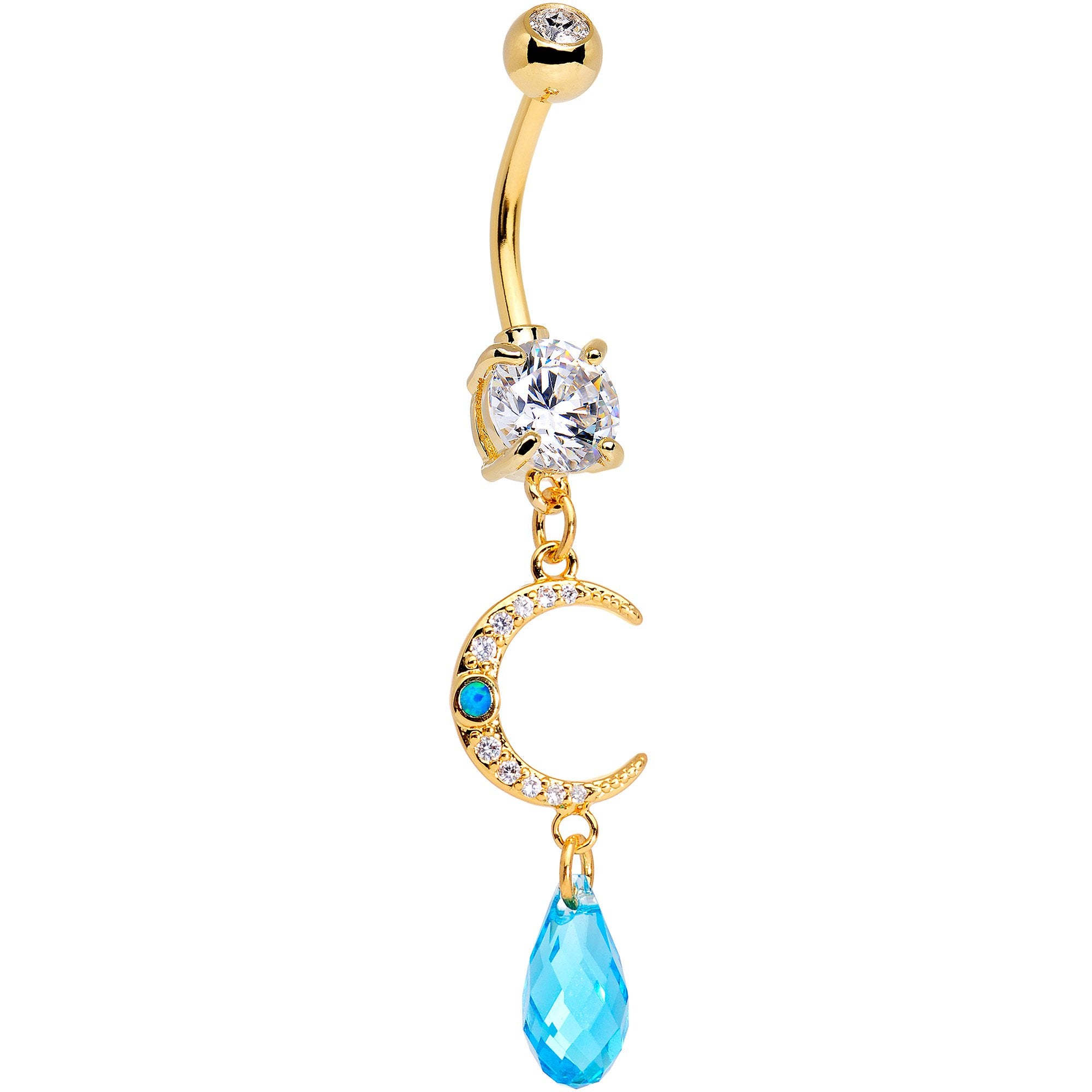 Handcrafted Clear Blue Gem Gold Tone Crescent Moon Dangle Belly Ring