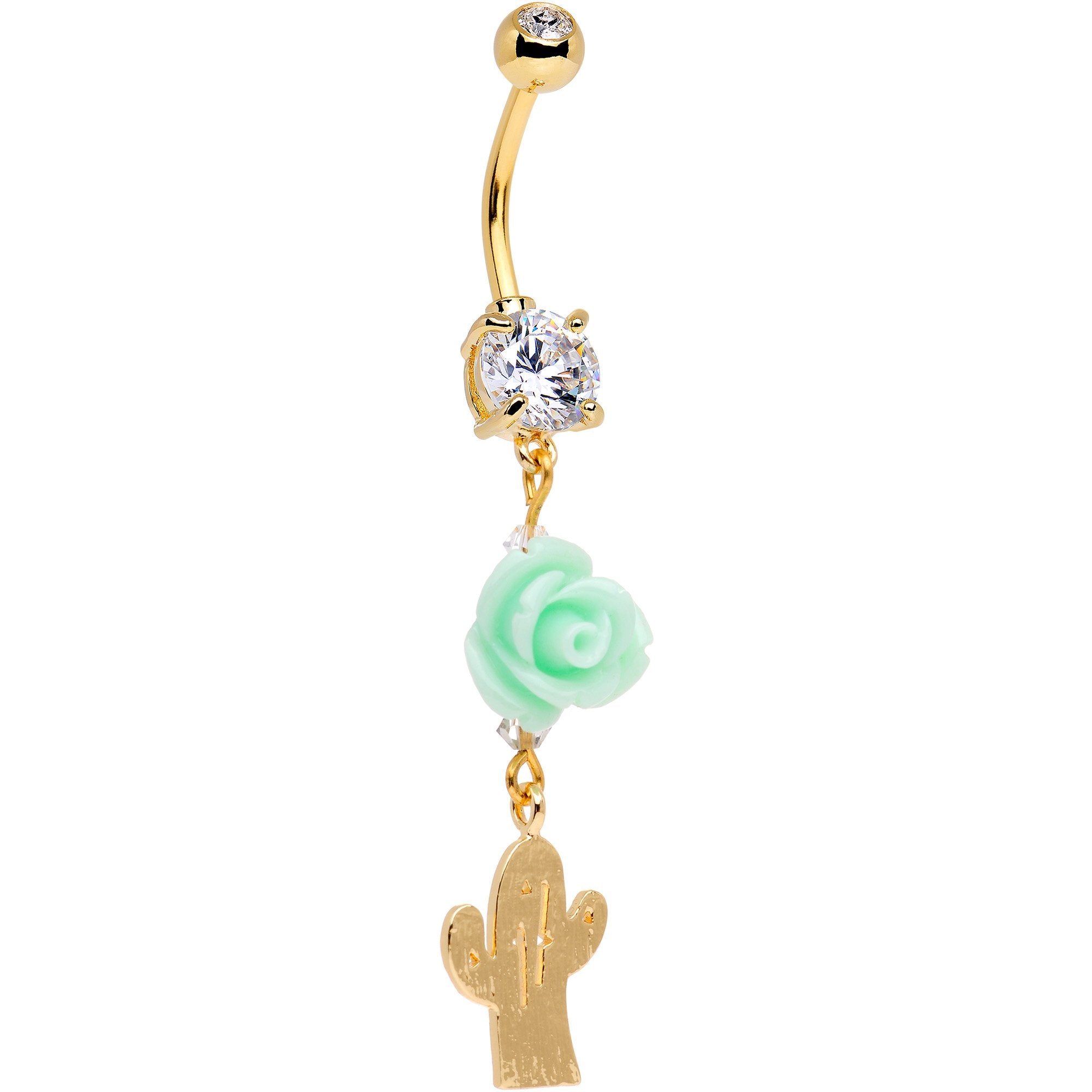 Handcrafted Clear Gem Gold Tone Cactus Bloom Dangle Belly Ring