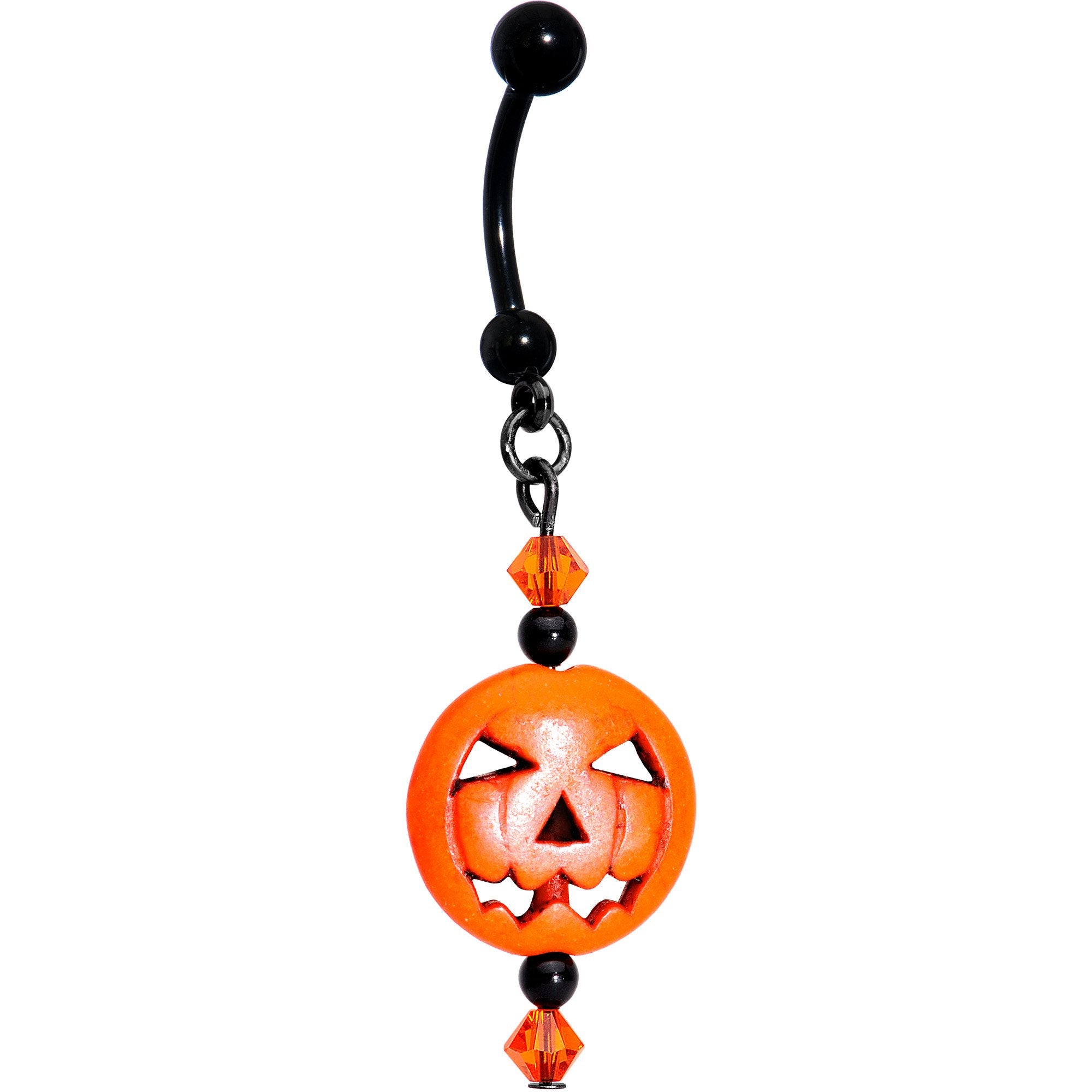 Handcrafted Jack O Lantern Belly Ring Created with Crystals